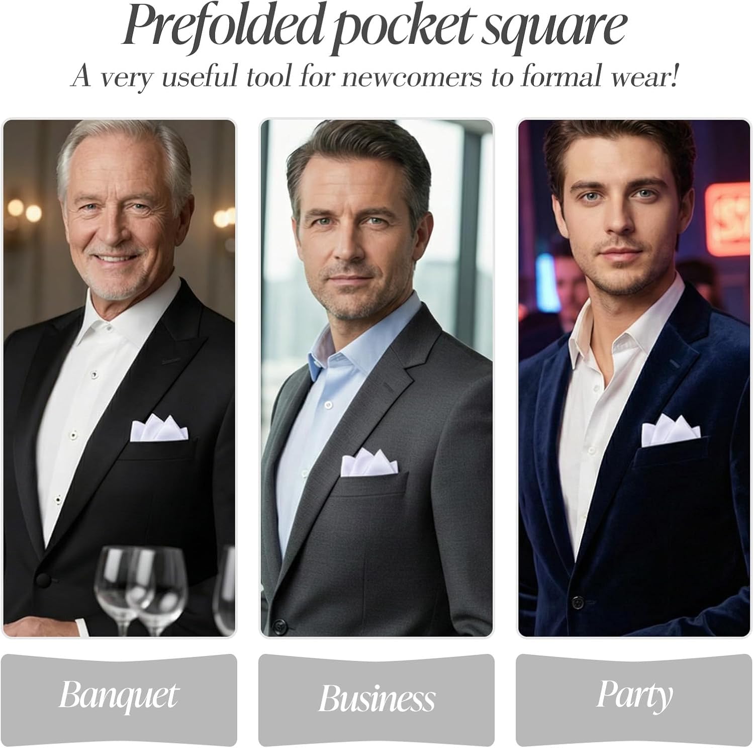 Sibba Prefolded Pocket Squares for Men 2PCS Black & White Pockets Handkerchiefs Ready-to-Wear Pocket Square Set Soft Silk Feel Easy Fold Mens Accessories for Suit Tuxedo Wedding Business Formal Events