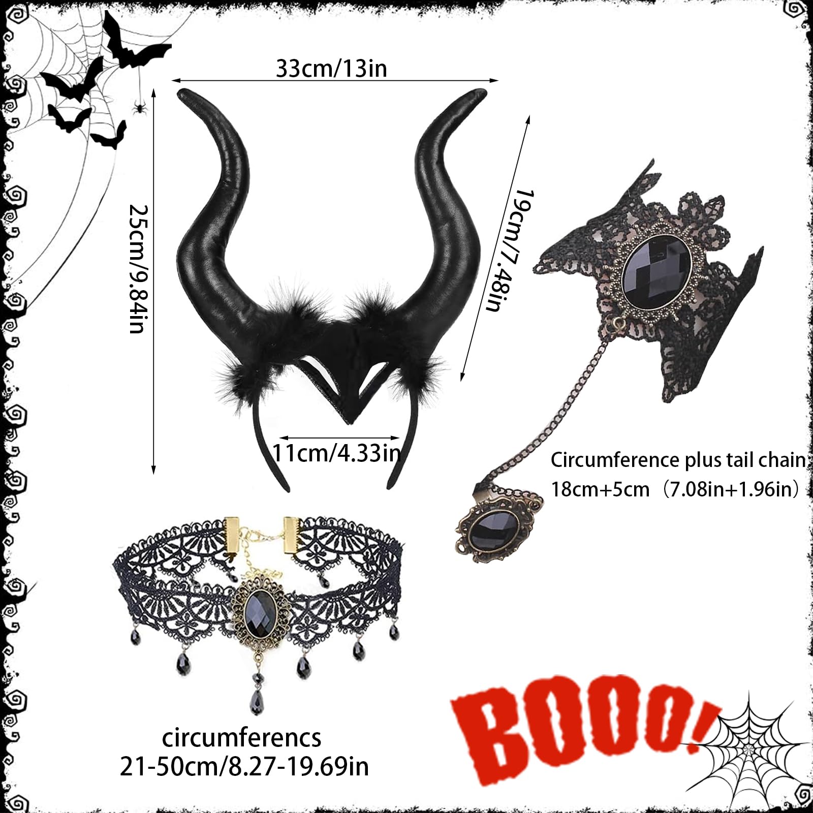 3 Pezzi Corna Diavolo Halloween Fascia Corno Demone Costume Donna Regina Nere Copricapo con Collana Pizzo Corna Diavolo Gotico Antilope per Carnevale Cosplay Halloween