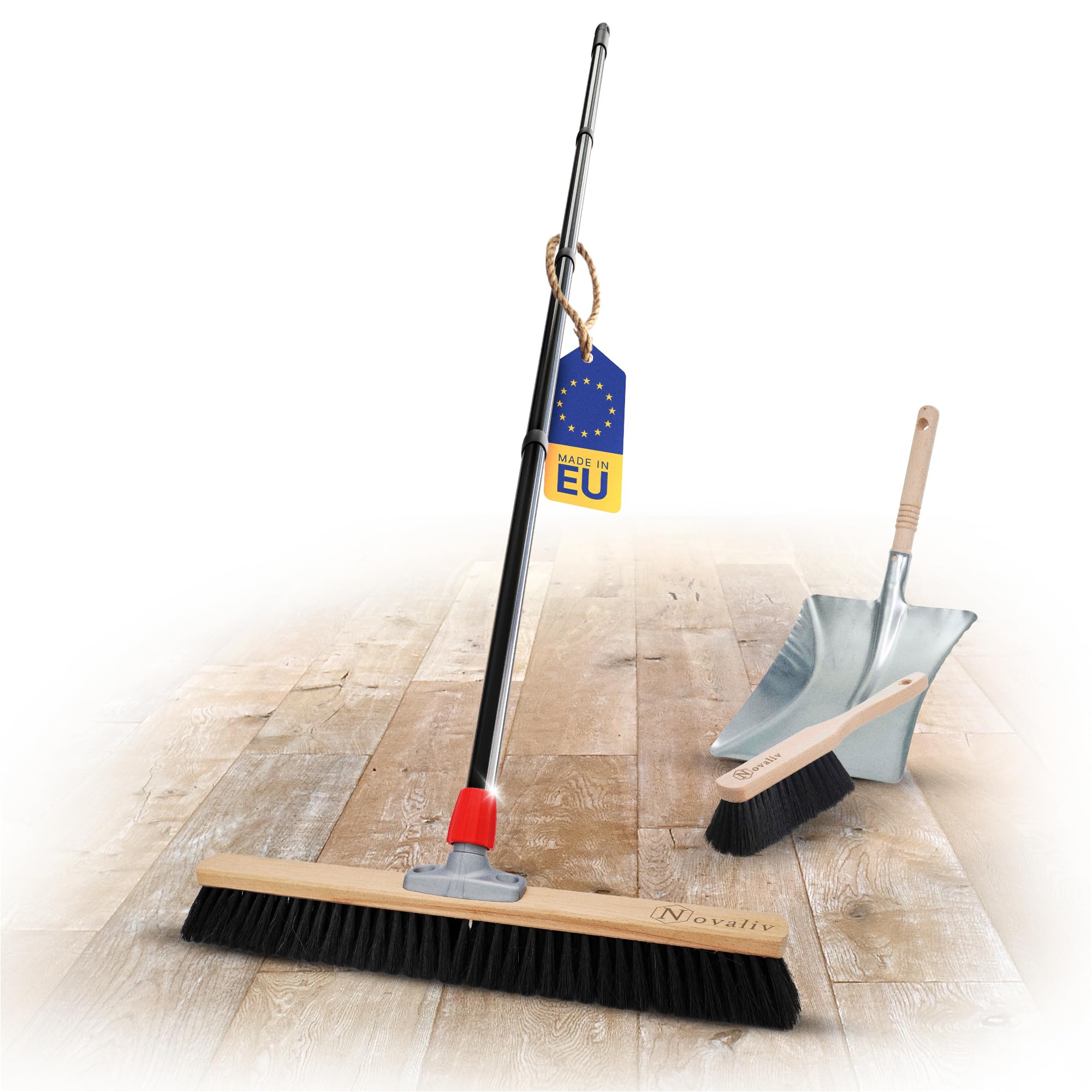 Novaliv Scopa grande 60 cm con manico in setole sintetiche con scopa nera composta da paletta e scopa a mano, scopa fine scopa da officina, scopa industriale con manico