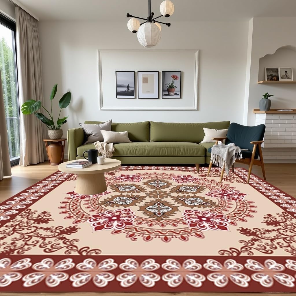 Traditional Paisley Floral Area Rug 2x2 Red Green Classical Square Rugs for Living Room Dining Room Non Slip Washable Carpet Soft Wool Bedroom Kitchen