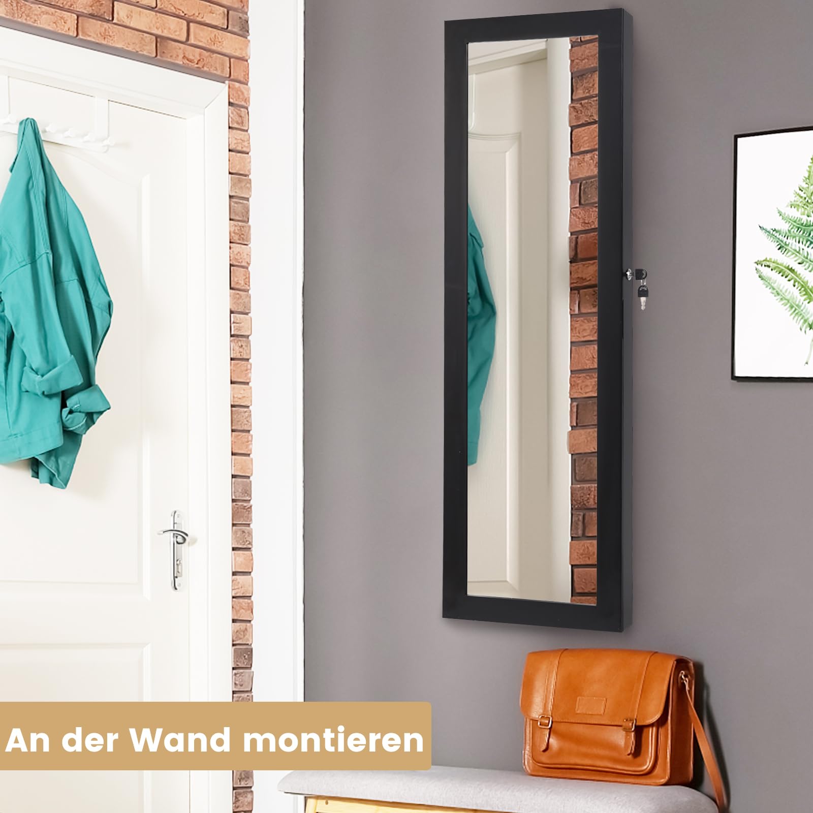 RELAX4LIFE Schmuckschrank mit Spiegels, Spiegelschrank mit Automatischen LEDs & Klappbarer Ablage, Schmuckorganizer für Ohrringe Armband Kosmetik, Hängend & Abschließbar, Tür- & Wandmontage (Schwarz)