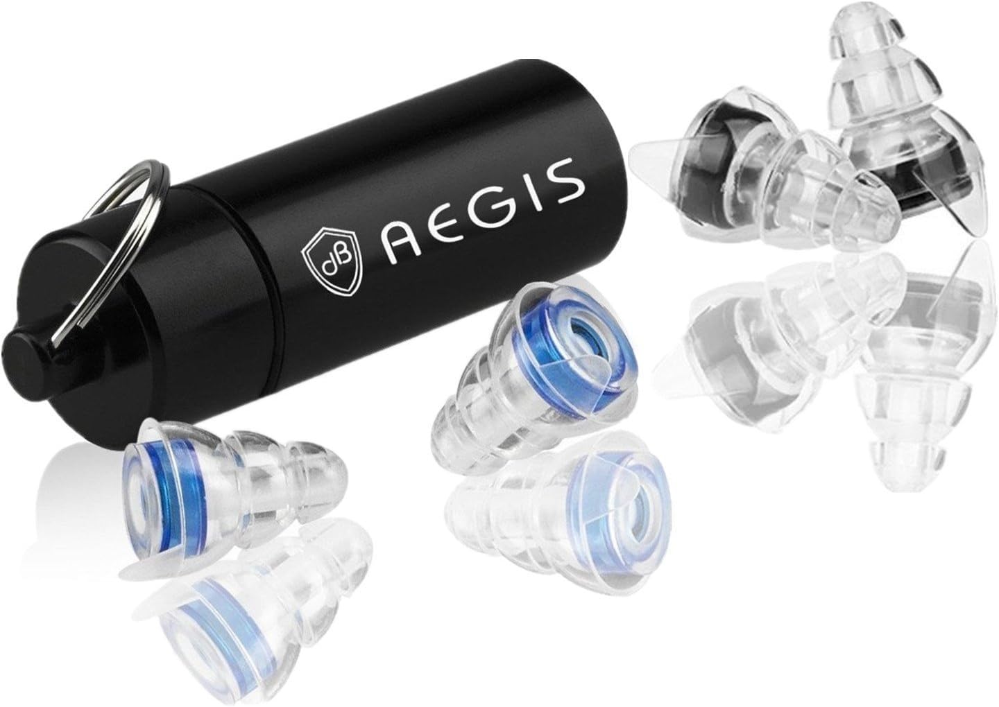 Aegis Hearing Protection Ear Plugs with Aluminium Containers. 2 Pairs of Ear Plugs. Blue for Music Concert Disco and Festival Black For Sleeping and Learning. (Clear, Transparent)