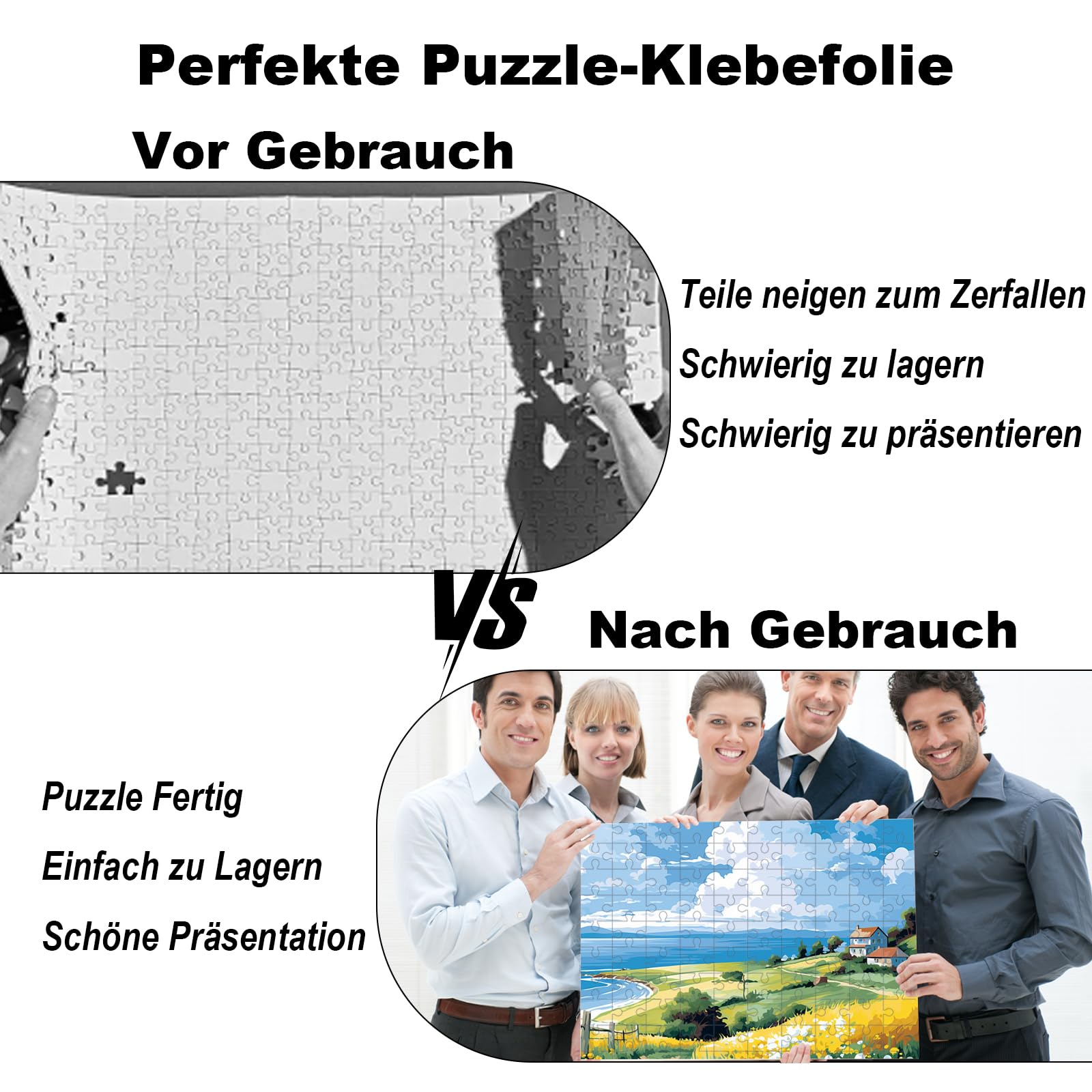 Faburo Puzzle folia samoprzylepna, 32 sztuki, super klej do puzzli, 4 x 1000 elementów / 8 x 500 części, 20 x 29 cm, folia samoprzylepna przezroczysta dla dzieci i dorosłych, do puzzli, przezroczysta