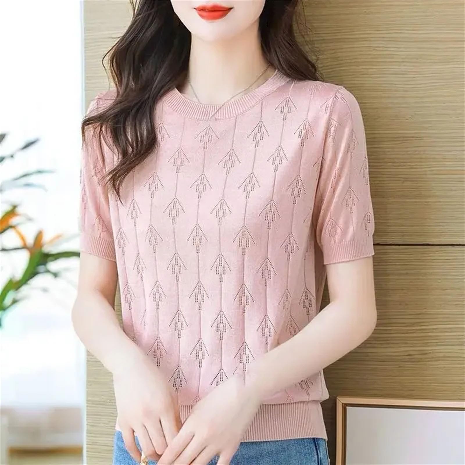 Camiseta de manga corta de seda de hielo para mujer, de punto hueco, color sólido, holgada, adelgazante, transpirable, para uso diario