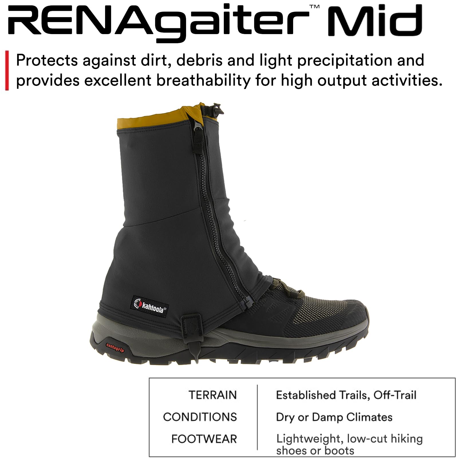 Kahtoola RENAgaiter Guêtres mi-Hautes pour randonnée, Alpinisme, Course à Pied, Protection des Chaussures et des Bottes dans la Boue, la Neige et la Glace – Corbeau – Taille XS