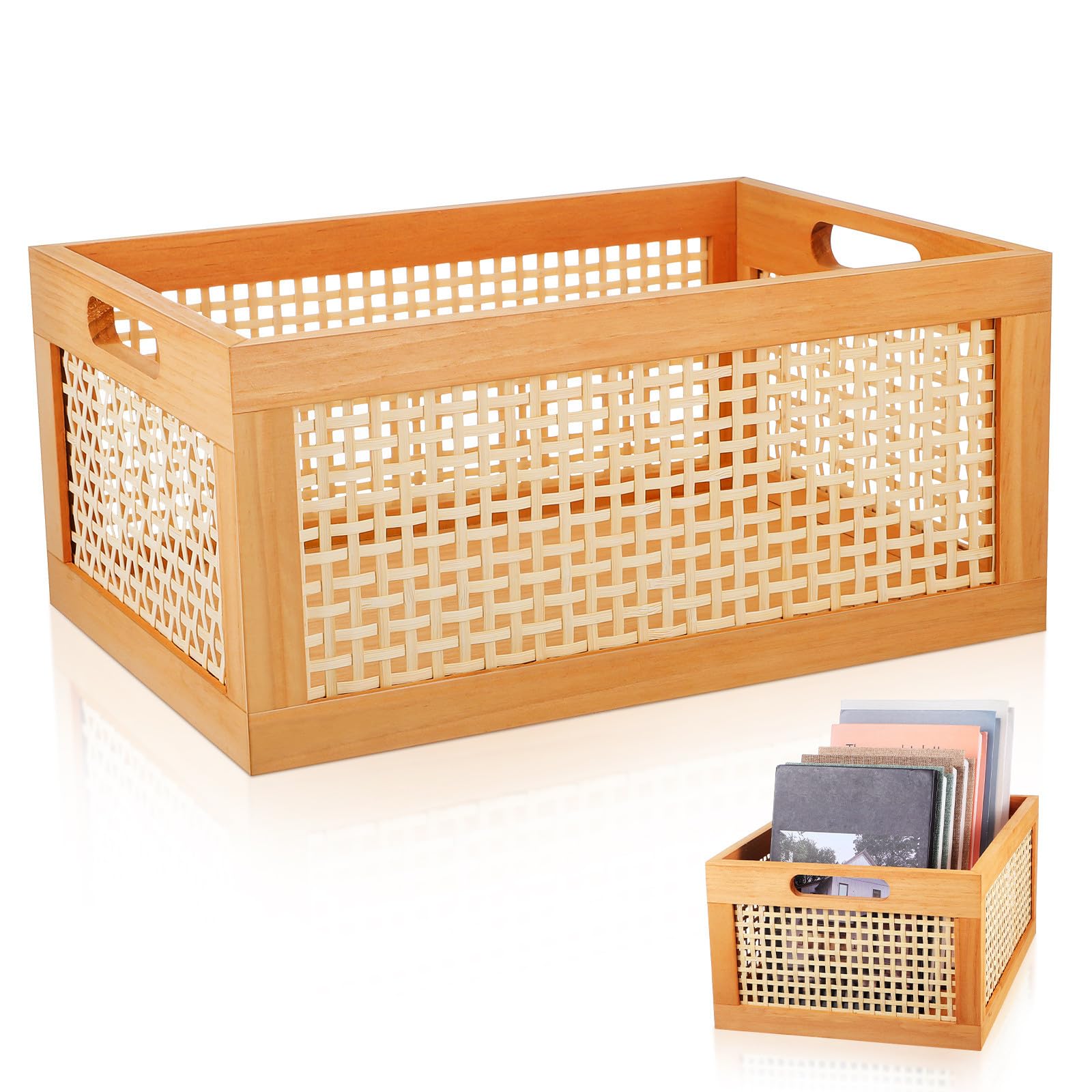 VICASKY Cesto Portaoggetti in Legno e Bambù Design Intrecciato, Leggero e Facile da Maneggiare, per Organizzare Cosmetici e Oggetti da Scrivania, Dimensioni 35x25x16cm