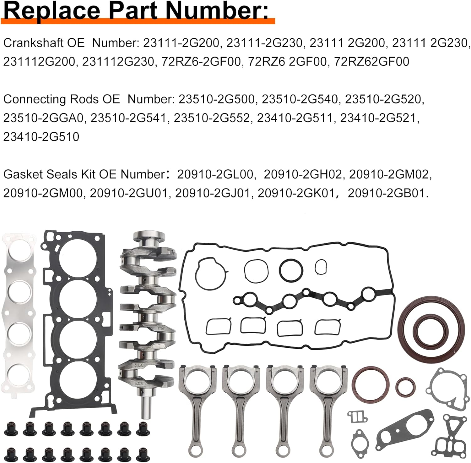 G4KE Engine Crankshaft Pistons Rebuild Kit w/Head Gasket Kit Replacment for Hyundai KIA 2.4L