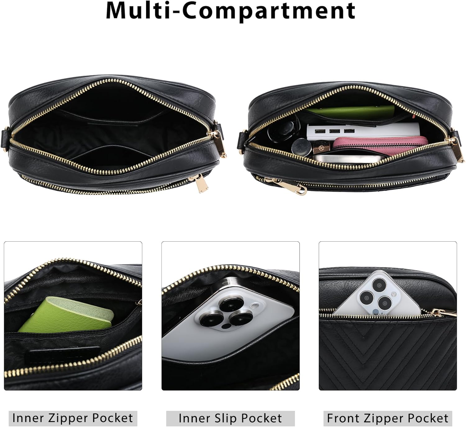 Crossbody Bags for Women Triple Zip Vegan Leather Camera Purses Small Shoulder Handbags with Wide Strap