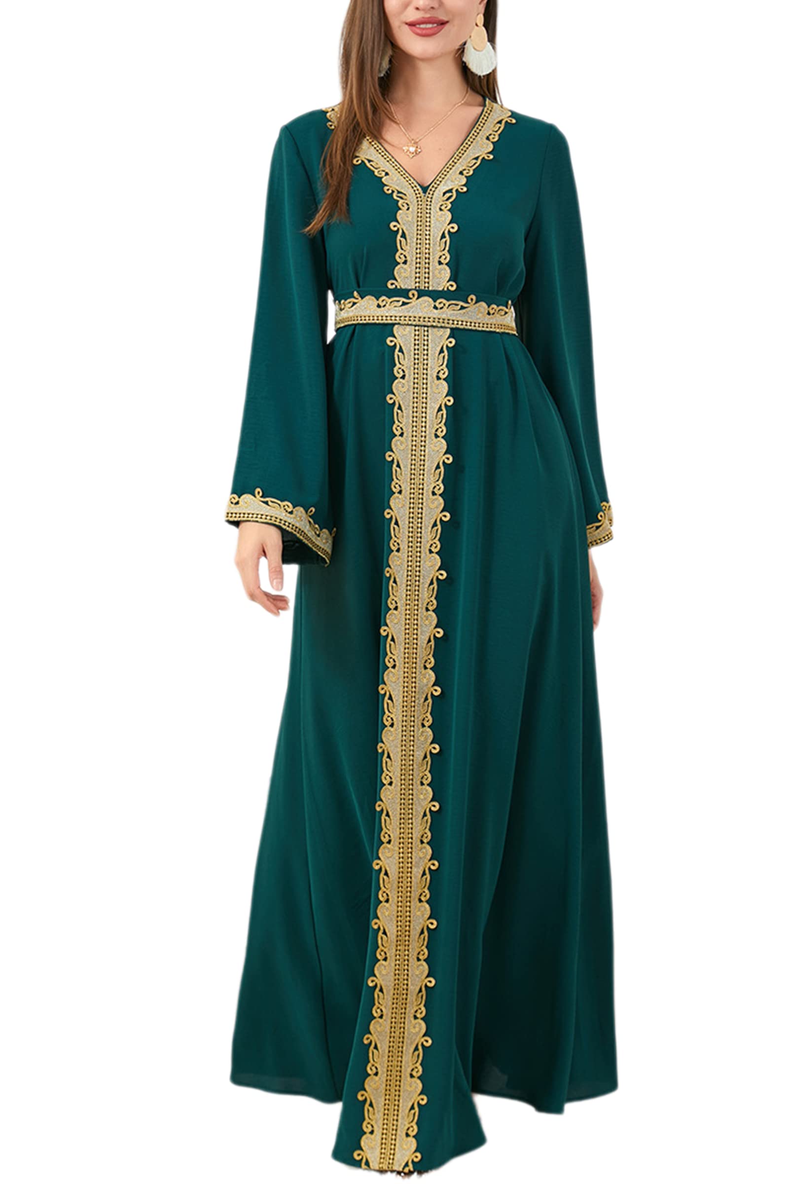 HAAKYEAAbayas for Women Lace Embroidery V-Neck Long Sleeve Party Maxi Dress With Belt Elegant Moroccan Kaftan Turkey Caftan Luxury Dubai Jalabiyas