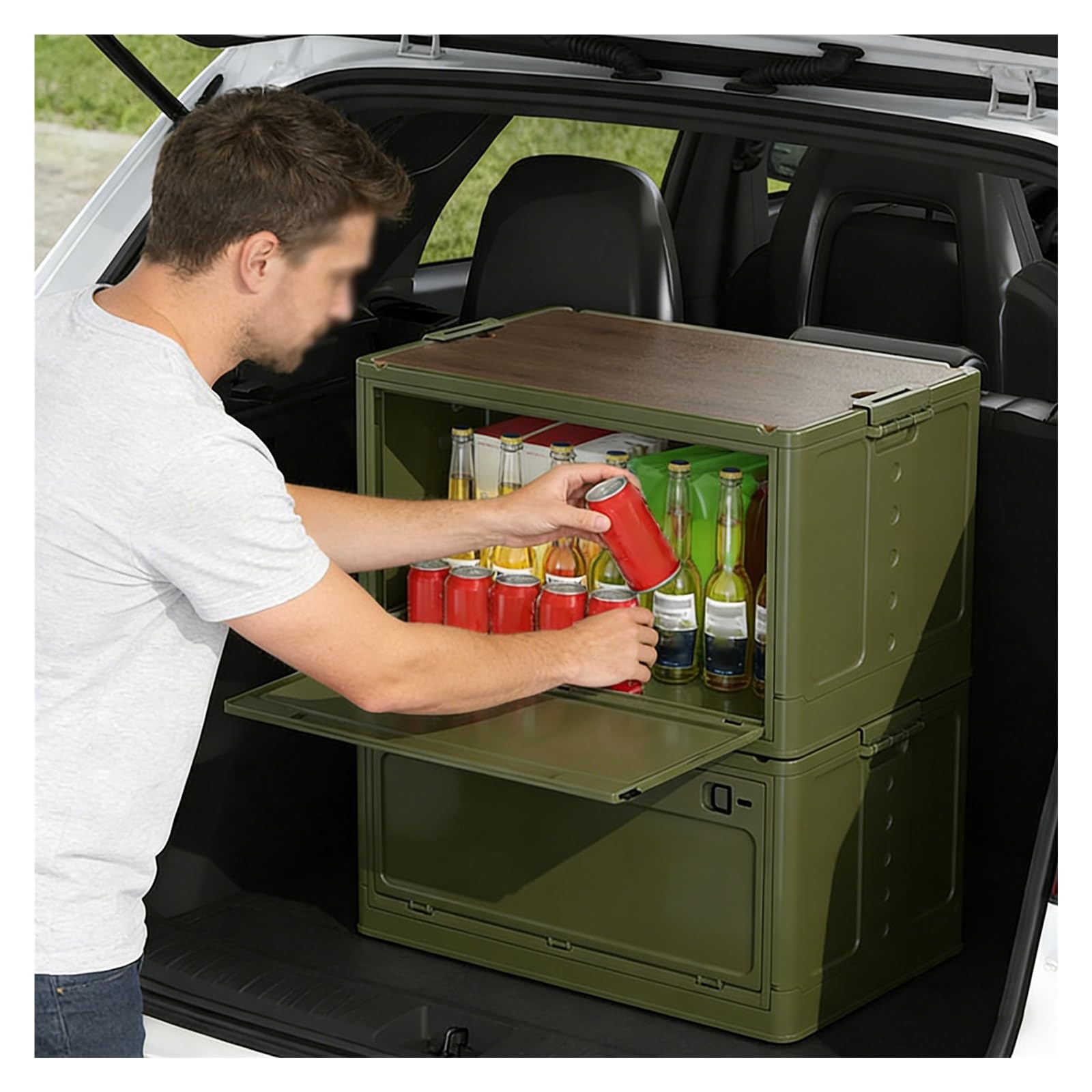 Caja de almacenamiento plegable para acampar Caja de Almacenamiento de Camping con Apertura Lateral, Caja de Almacenamiento Plegable, Organizador(Green,50x35x24.5cm/19.7x13.8x9.6in)