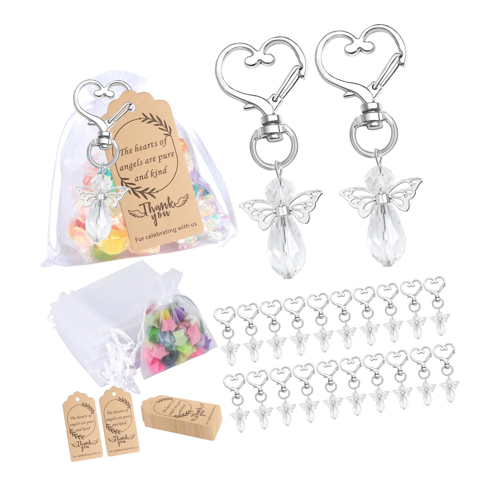 Kalttoy 30Pcs Wing Charm Keychain Decorative Holder with Drawstring Gauze Bag and Labels for Baby Showers Wedding Keychain Charm