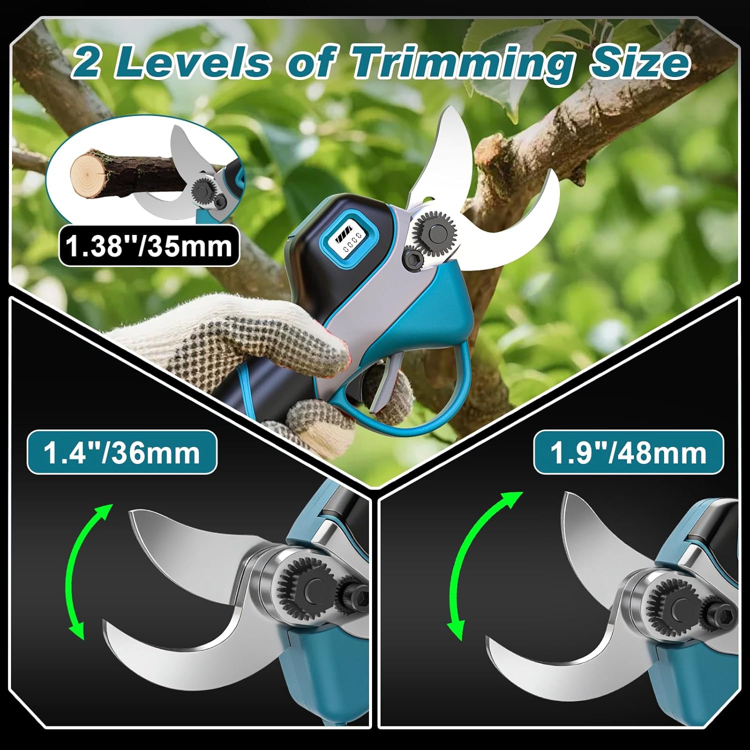 2-in-1 Electric Pruning Shears Cordless with Dual Batteries, 1.9” Opening Diameter, 1000W Brushless Pruner Shears, Extend Pole to 14FT, SK5 Blade, Pole Pruner for Gardening Tree Trimming