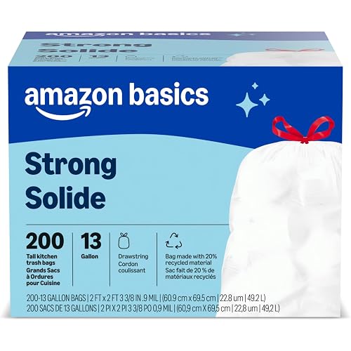 Amazon Basics Trash Bags, Tall Kitchen Drawstring, Unscented, 13 Gallon, 200 Count, Pack of 1, Packaging May Vary