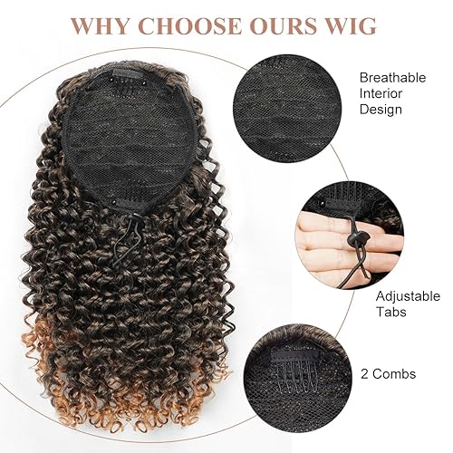 Miniatura 5 de Halcyon Extensión de cola de caballo rizada para mujeres negras, extensiones de cabello rizado con cordón, mezcla de color marrón