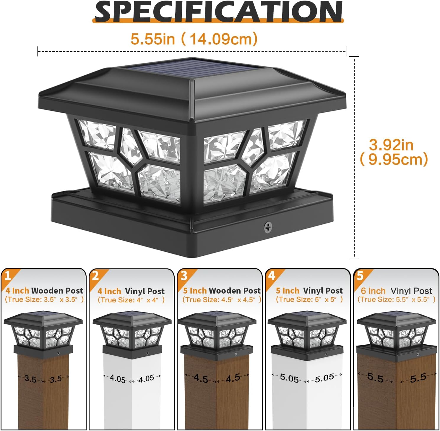 SIEDiNLAR Solar Post Lights Outdoor 6 Pack 4 Modes 40 LEDs Deck Fence Post Cap Light for 4x4 5x5 6x6 Wooden/Vinyl Posts Patio Decor, Warm/White Dynamic Lighting (Black)