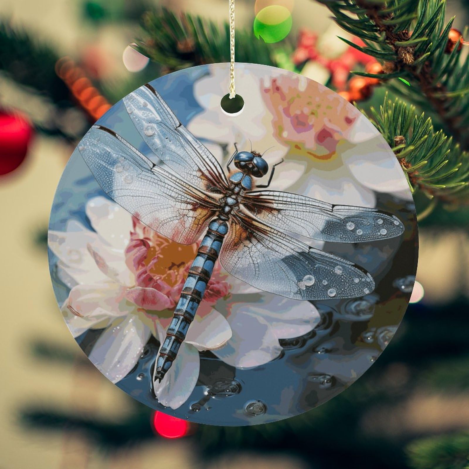 Dragonfly Flower Christmas Ornament for Christmas Tree Ceramic Round Ornament Winter Holiday Keepsake Gift 2.7" Christmas Tree Hanging Decorations Circle Ceramic Pendant Xmas Gift