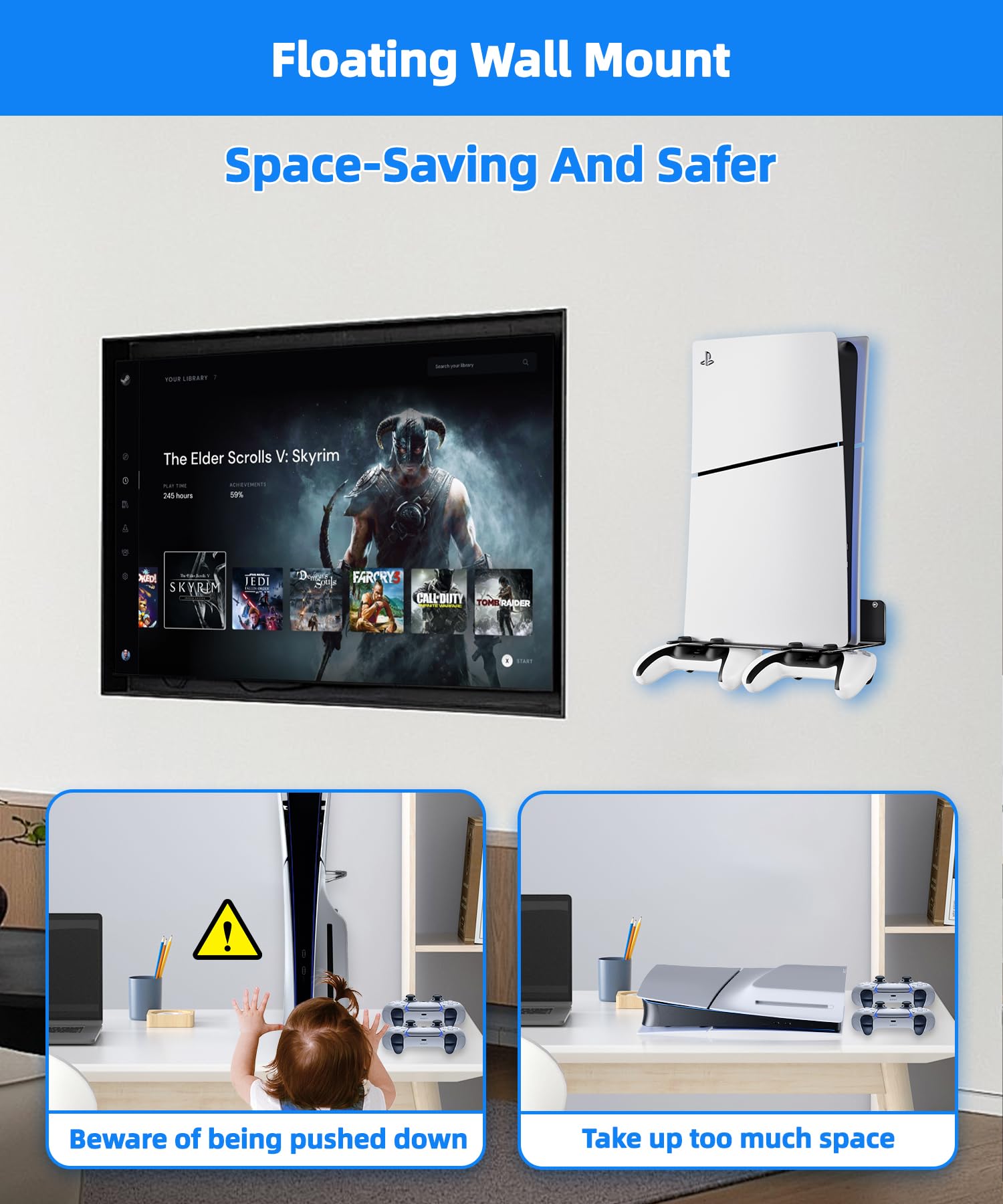 PS5 - Soporte de pared de aleación de aluminio compatible con todas las generaciones de PS5, sostiene dos controladores, disipación de calor sin obstáculos, accesorios universales para sala