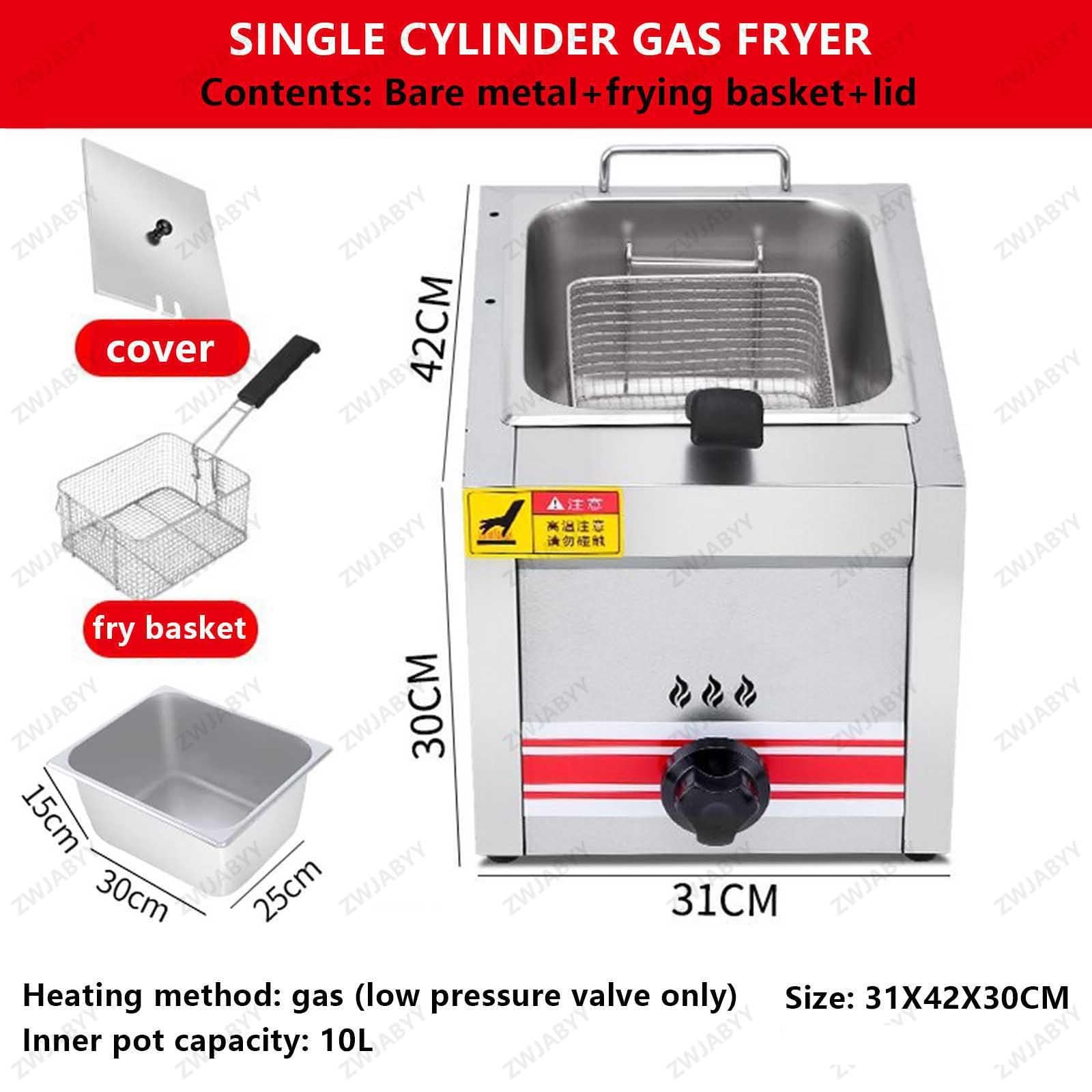 Friggitrice professionale a gas, 10 l, doppio cilindro, con cestelli e coperchi, per patatine fritte, ciambelle e pesce