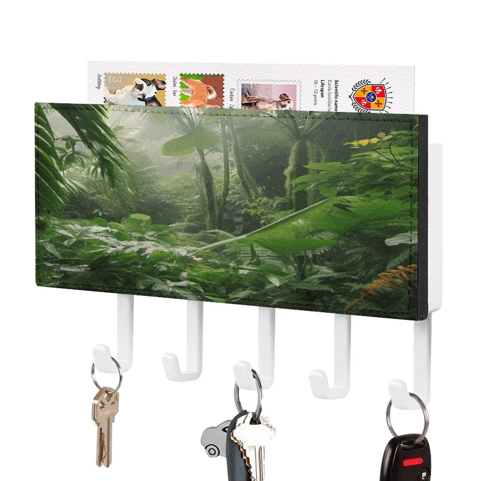 Fekiloot White-Style Tropical Rainforest Key Holder Wall Mount Key Hanger With 5 Hooks Decorative Key Rack Hanging Key Hooks With Mail Organizer Key Holder For Wall Living Room Kitchen Bathroom Hallway White