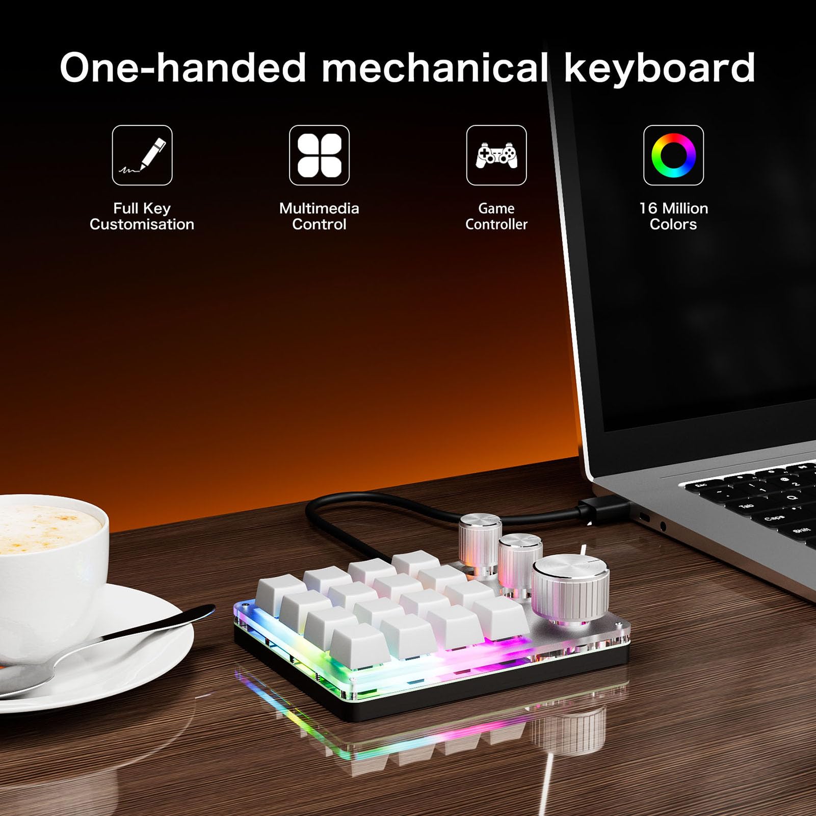 Tosuny Clavier Macro Programmable, Clavier de Jeu Bluetooth 16 Touches avec 3 Boutons et Contrôleur de Volume, Rétroéclairage LED RVB, Macro OSU pour Wins, OS X (avec Câble (White)
