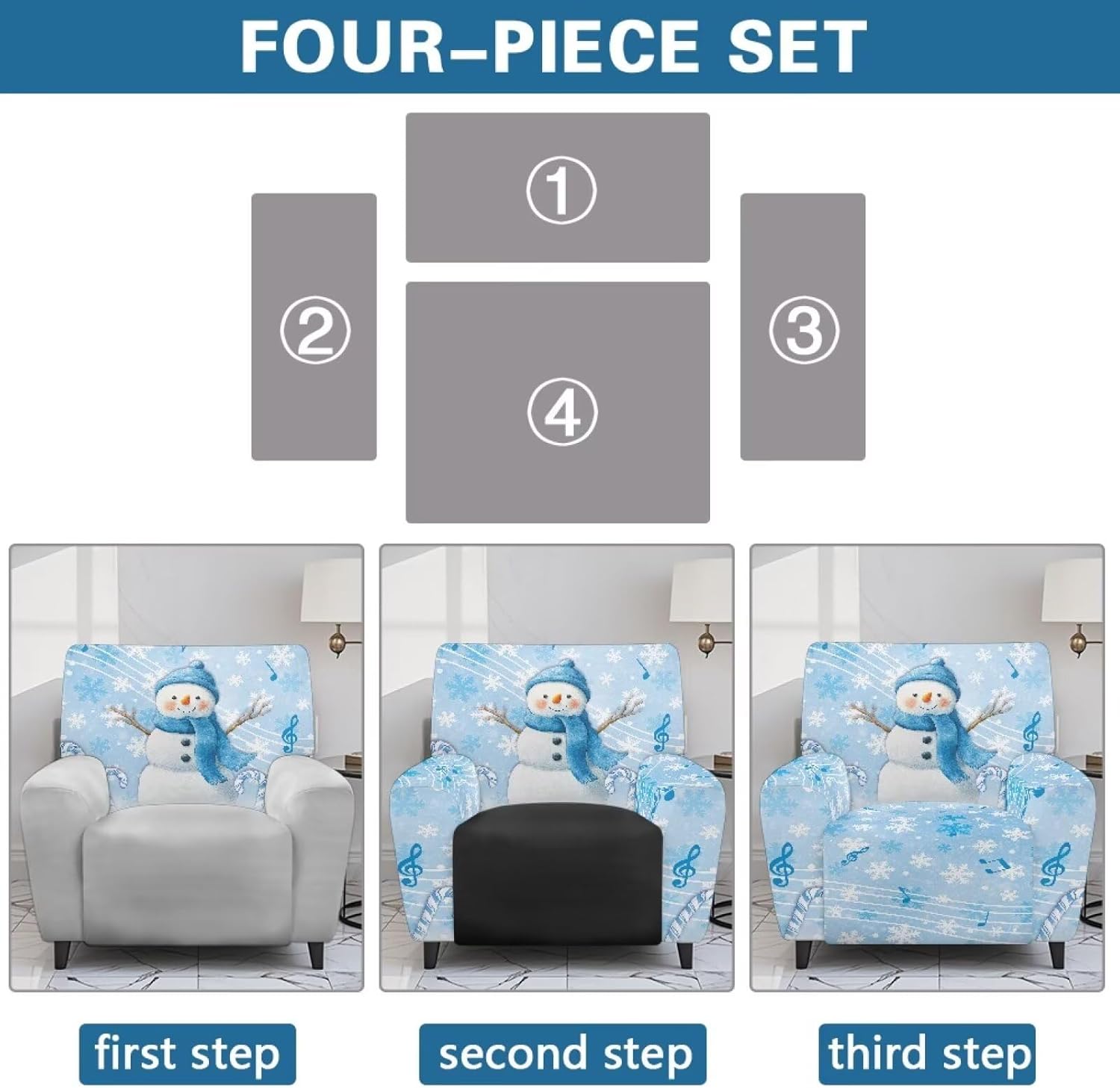 Blue Snowman Sofa Cover Single Seat Recliner 4 Piece Music Note Chair Covers for Recliners for Christmas Cute Lazy Boy Recliner Slipcover