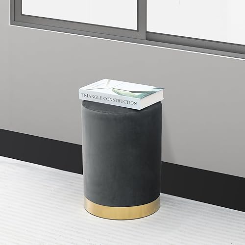 Miniatura 7 de Joveco Taburete redondo otomano, reposapiés de terciopelo con base de metal dorado, moderno taburete tapizado para sala de estar, dormitorio, gris