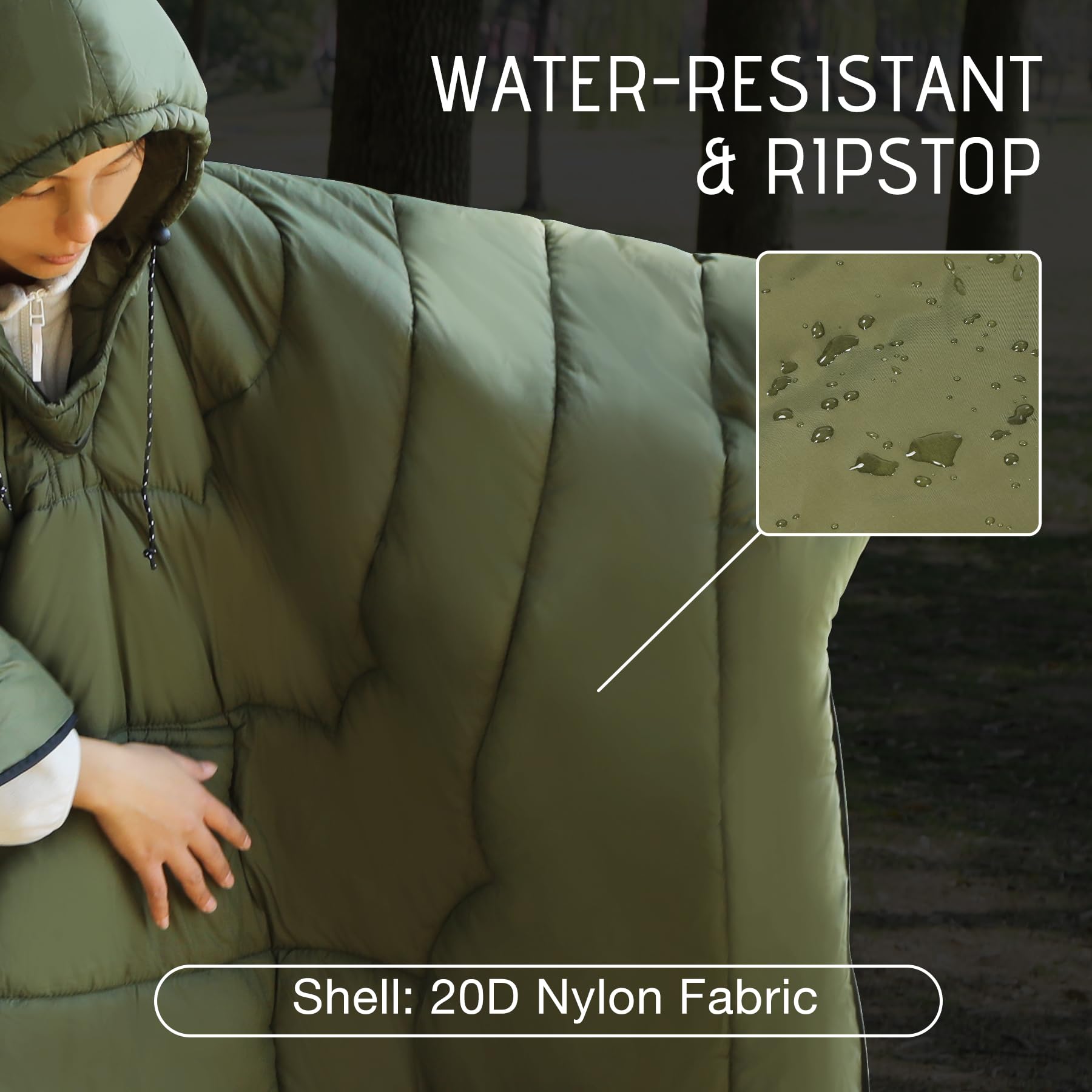 REDCAMP Outdoor Poncho Decke mit Hut, Ultraleicht Multifunktionale und Warm Camping Wasserdichte Decke für Damen und Herren, Wechseln Sie zu Einer Steppdecke oder Schlafsack,für Wandern, Picknick