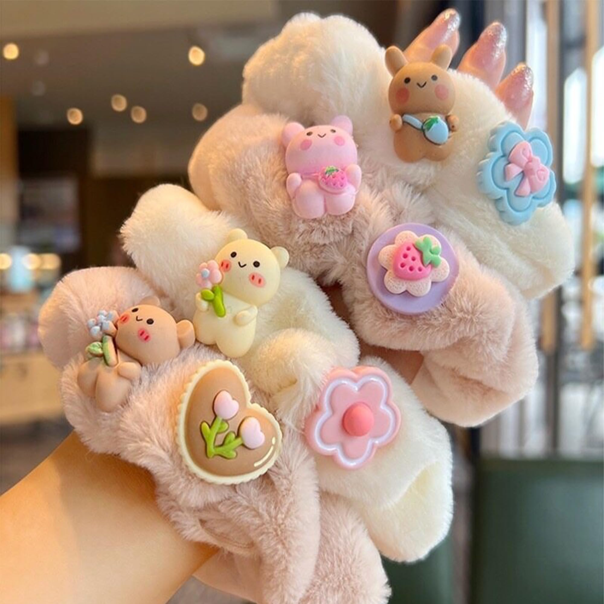 Fur Fluffy Hair Ties Elagant Cartoon Teddy bear Fuzzy Rubber band Soft Plush Korean Style Hair Accessories Latest Stylish Hair band Daily & Party use Large Scrucnhies Ponytail Holder for Women and Girls Pack of 4-image-17
