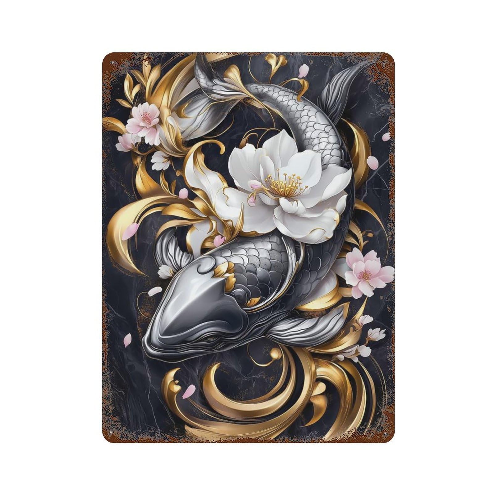 Koi Fish with Cherry Blossoms Animal Weathered Tin Sign 15.7"x11.8", Classic Wall Plaque for Garage, Bar And Workshop Decor
