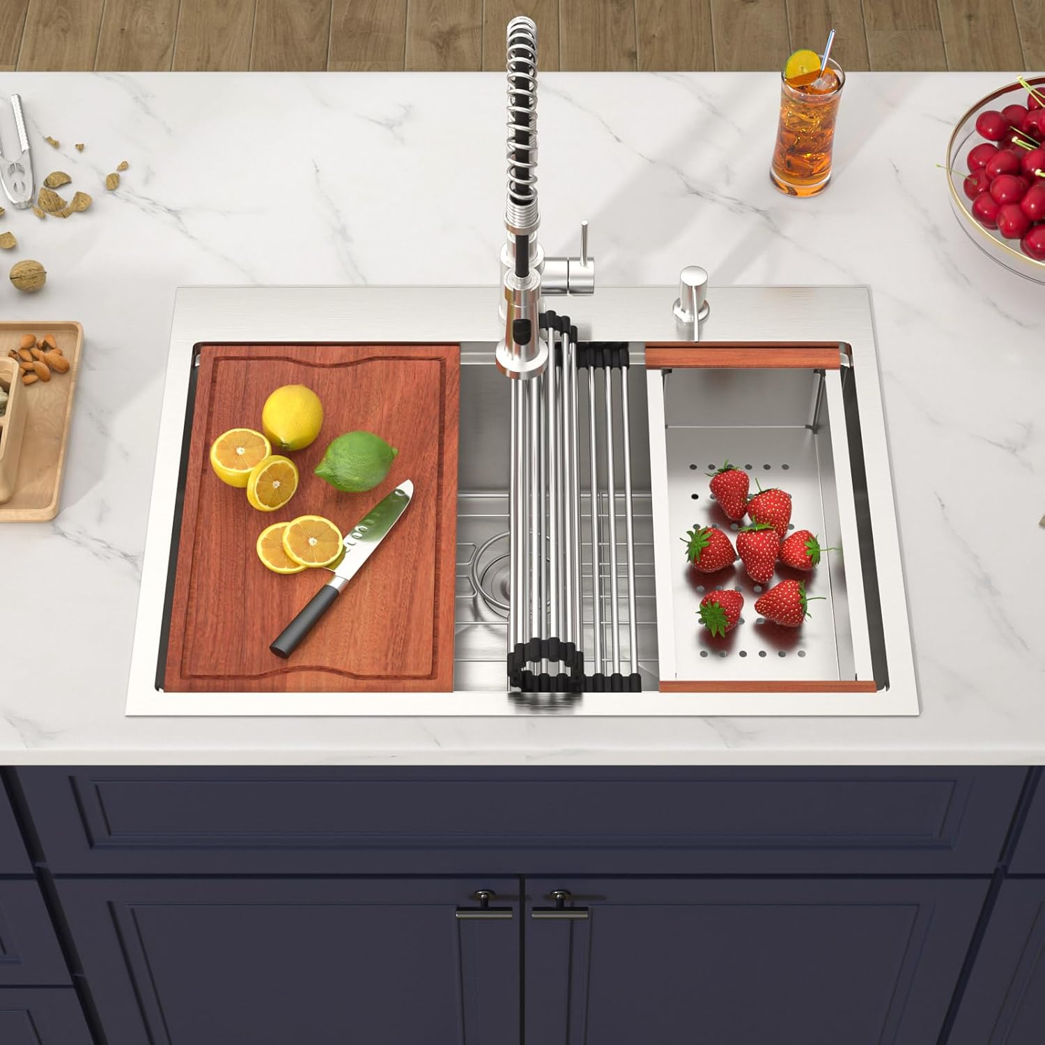28 Inch Topmount Kitchen Sink Workstation 16 Gauge Stainless Steel 28x22 Drop In Single Bowl Kitchen Sink Large Capacity Noise Reduction Quick Drainage Multi-functional Accessories Included