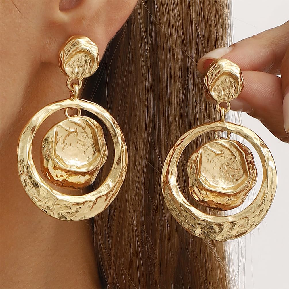 Large Chunky Gold Hammered Round Circle Disc Earrings for Women Vintage Statement Big Silver Hollow Coin Dangle Drop Earring Trendy Party Jewelry Gift - Image 3