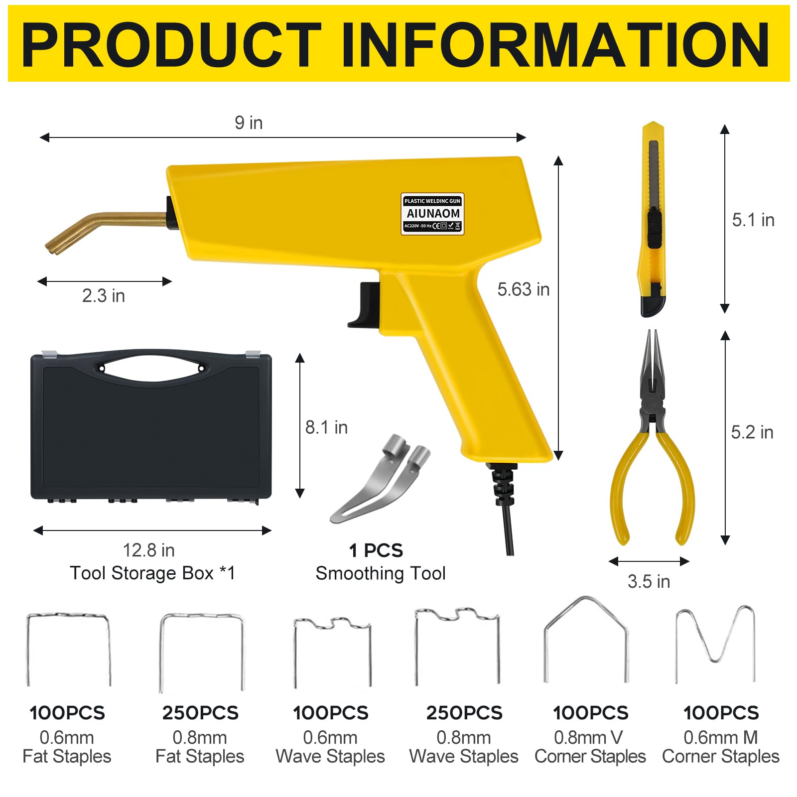 AIUNAOM 230W Saldatore per Plastica 2 in 1 Kit di Saldatura per Plastica con 6 Tipi di Graffette da 900pcs e 1 Strumento di Levigatura per Riparare Paraurti Auto e Altre Parti in Plastica