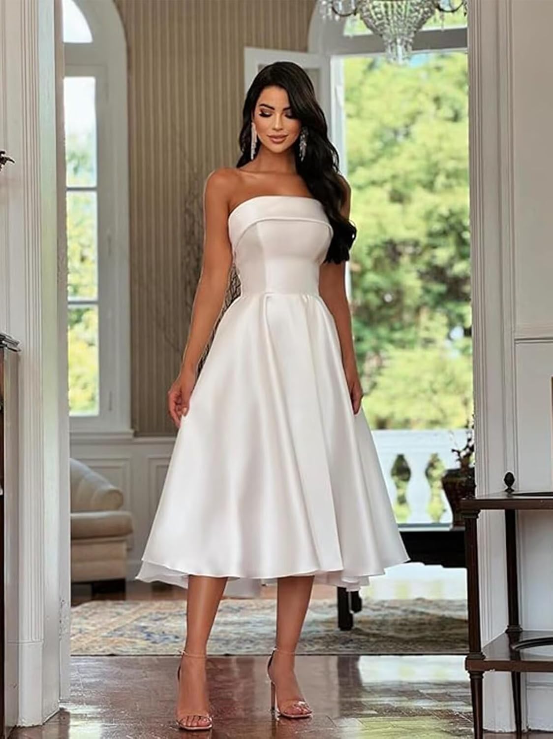 Strapless Satin Prom Dress Tea Length Party Dress A Line Formal Evening Gown for Women