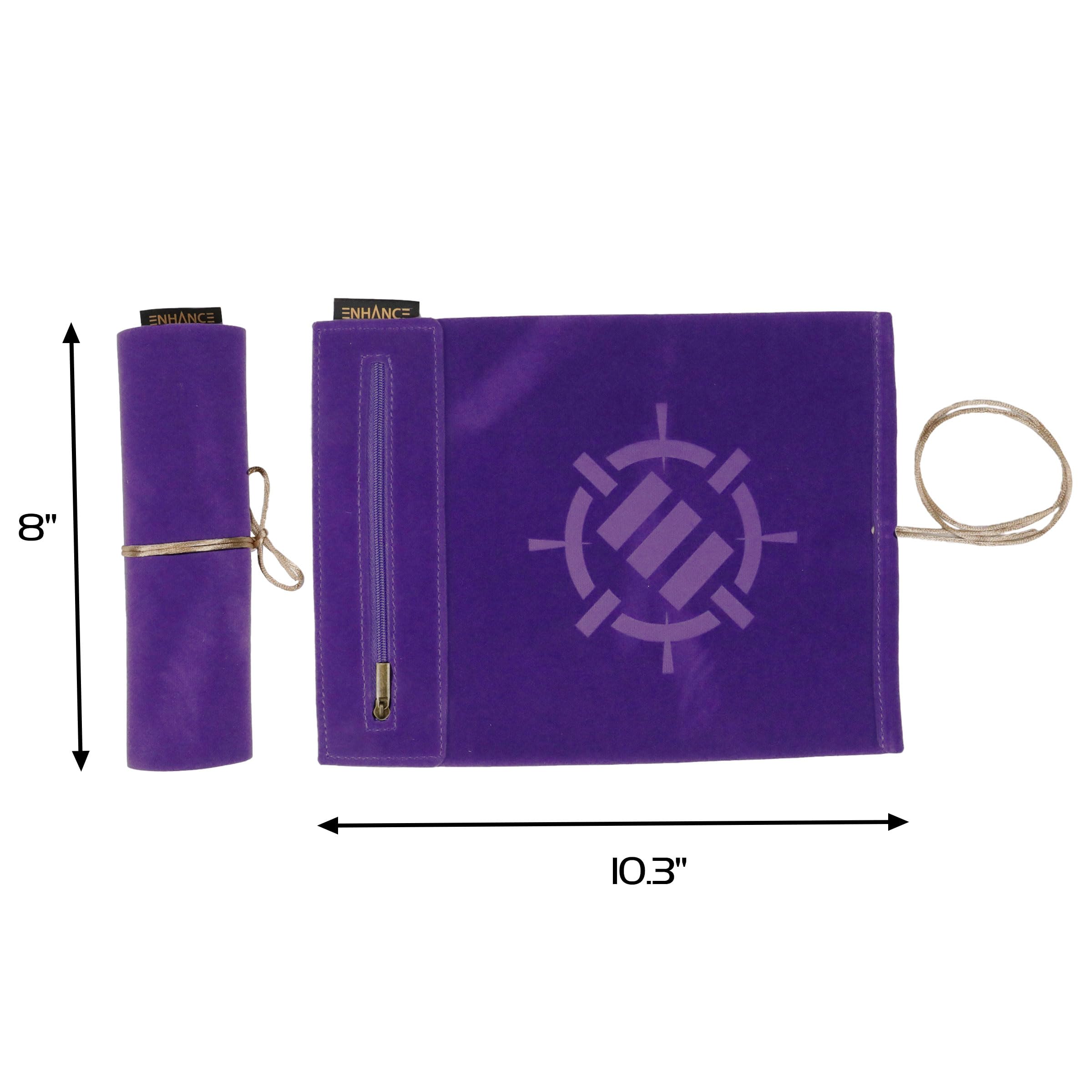 ENHANCE Tappetino per Dadi Roll on a Scroll e Set di 7 Dadi in Acrilico - Custodia in Velluto con 7 in Acrilico Abbinati, Supporto e Vassoio. Compatibile con D&D e Giochi da Tavolo - Viola