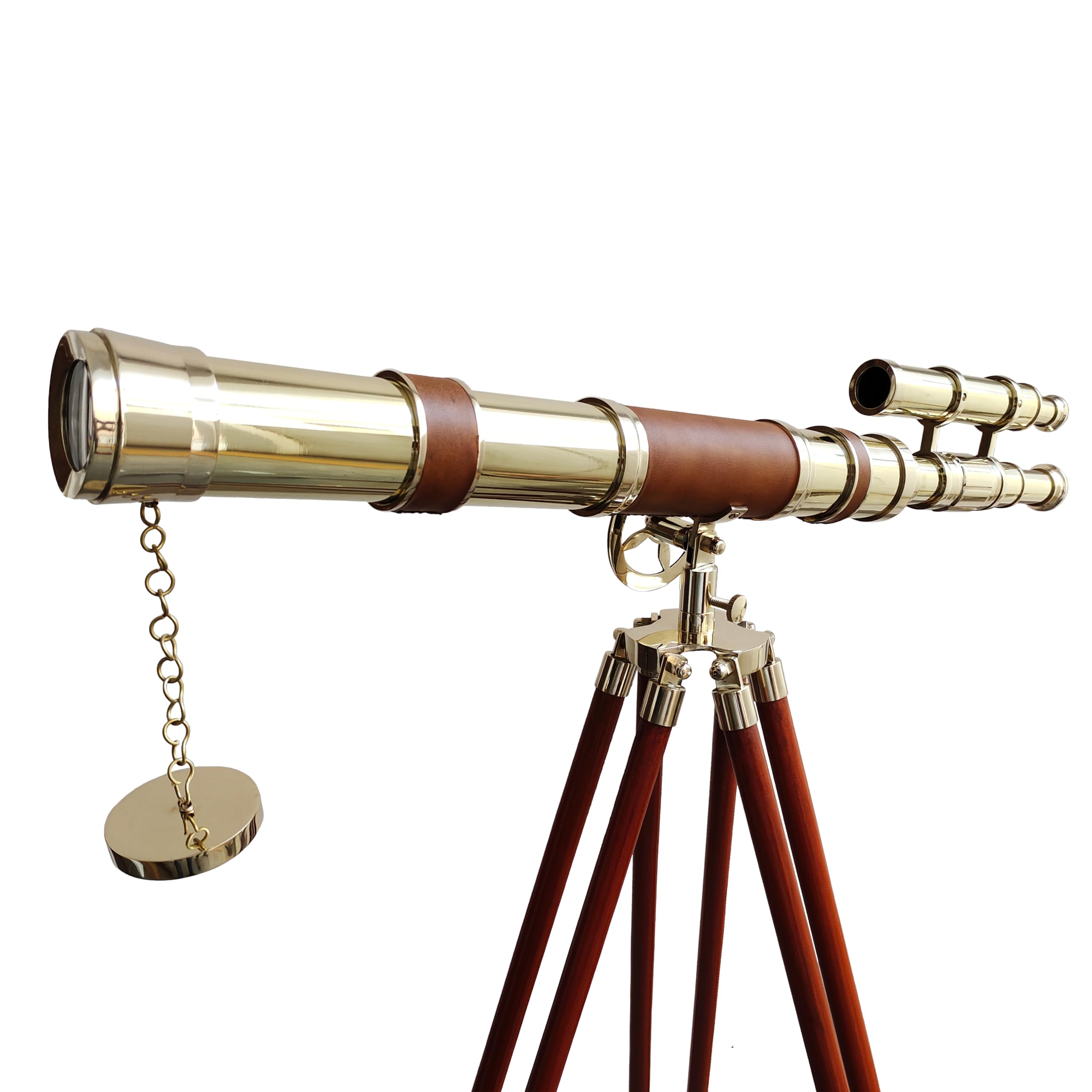 Navirock Vintage Shiny Brass Double Barrel Telescope Brown Leather Collectible Nautical Floor Standing Wooden Adjustable Tripod Maritime Ship Instrument Functional Telescopic