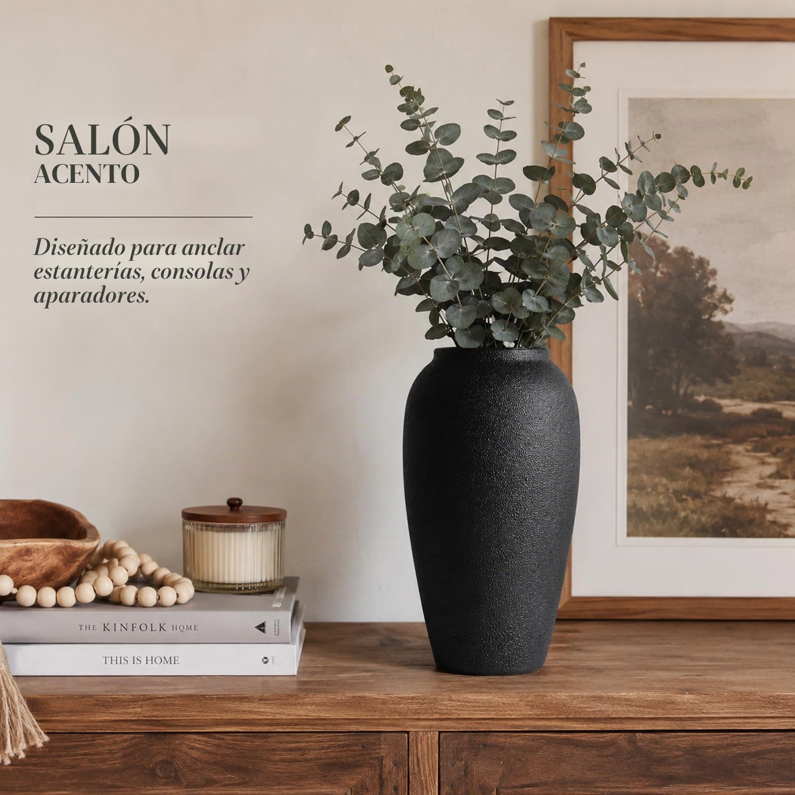 Jarrón de cerámica rústico – Jarrón grande de cerámica negra de 13.8 pulgadas para decoración del hogar, jarrón moderno de terracota para sala de estar, entrada, cocina, jarrones negros para centros