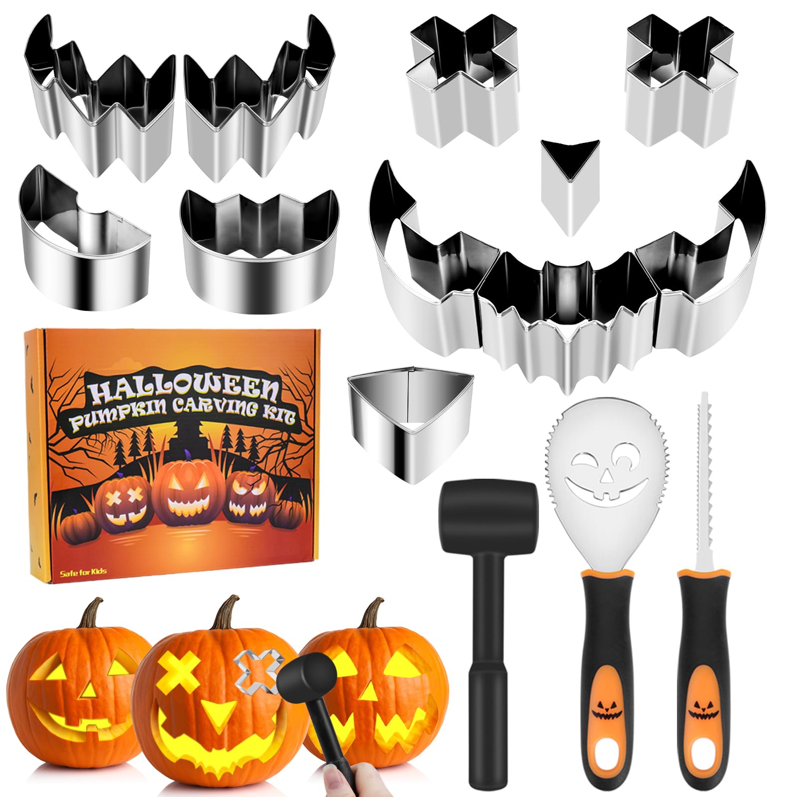 Dreamtop 14 pezzi Kit Intaglio Zucca Halloween Set Intaglio Zucca in Acciaio Inox fai da te Zucca Intaglio Strumento Incluso Mazzuolo di Gomma per Adulti e Bambini