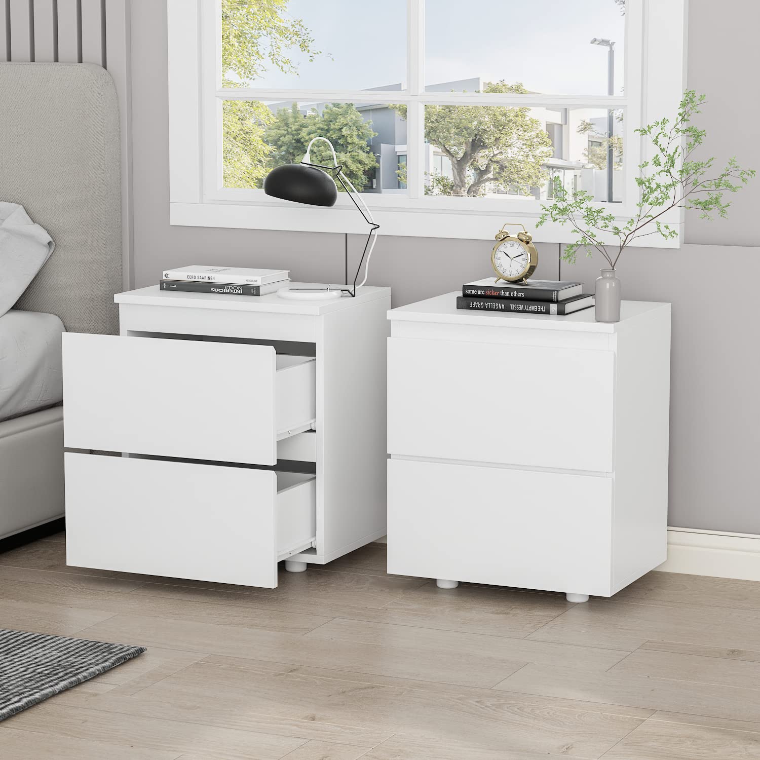 Hitow White Nightstand with 2 Drawers, Handle Free File Cabinet Bedside Table End Table, Small Place Bedroom Living Room Storage, Nightstand Table Set