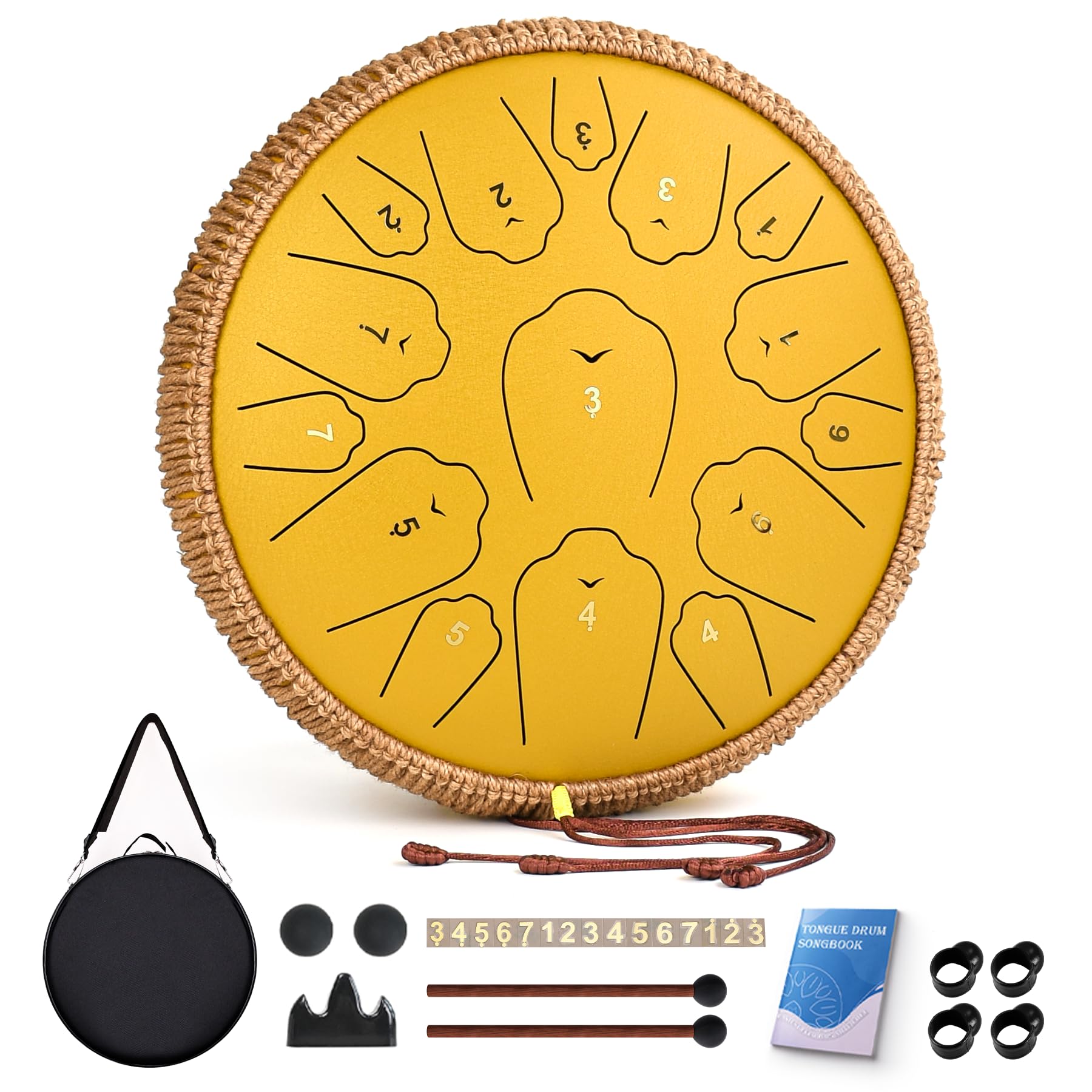 Steel Tongue Drum, 13 Inch 15 Notes Tongue Drums, C Major 440 Hz Drum Percussion Instruments, Handpan Drums with Music Book, Drum Mallets and Carry Bag (Yellow)
