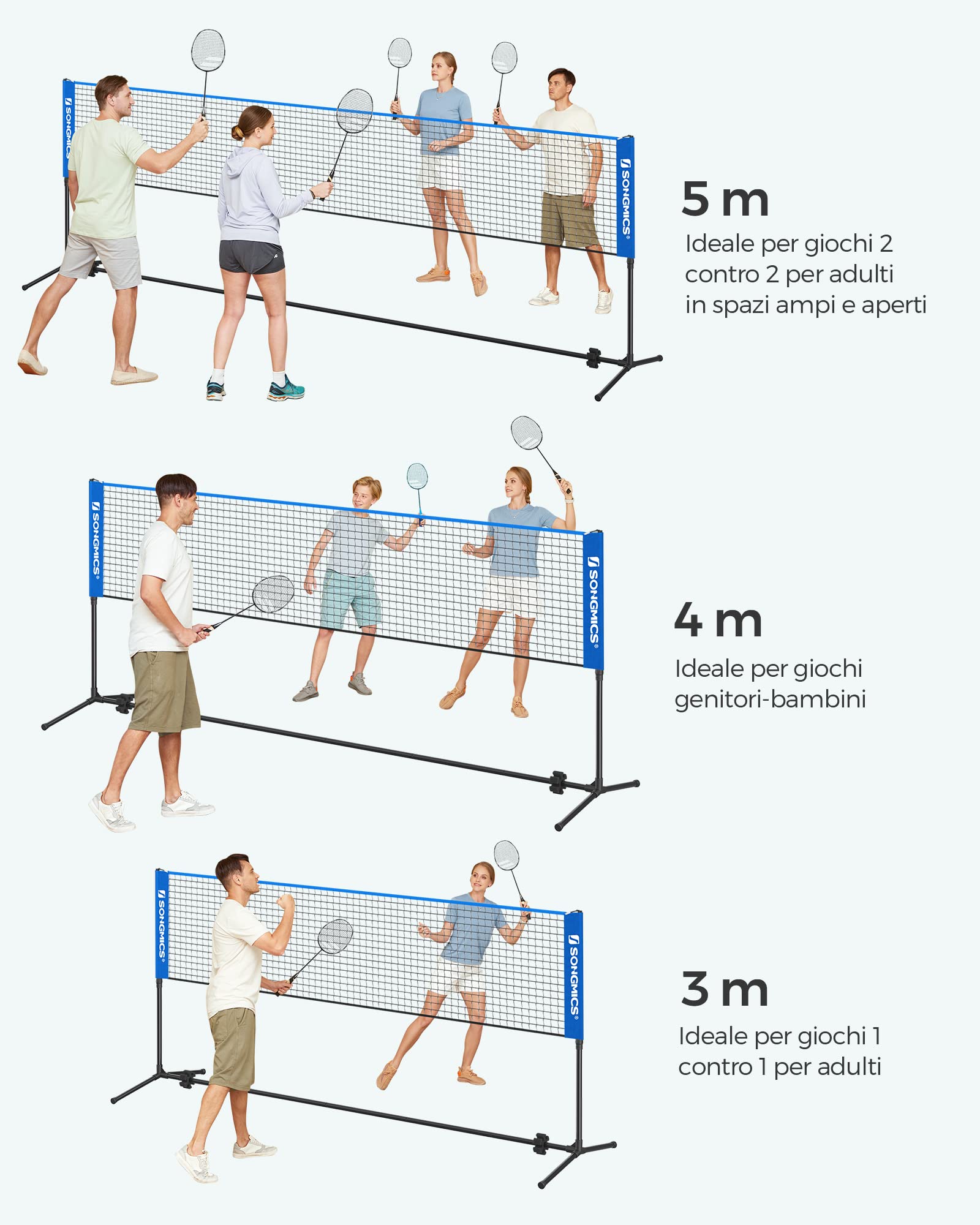 SONGMICS Rete da badminton da 3 m, rete da pallavolo, altezza pali regolabili, set portatile per tennis