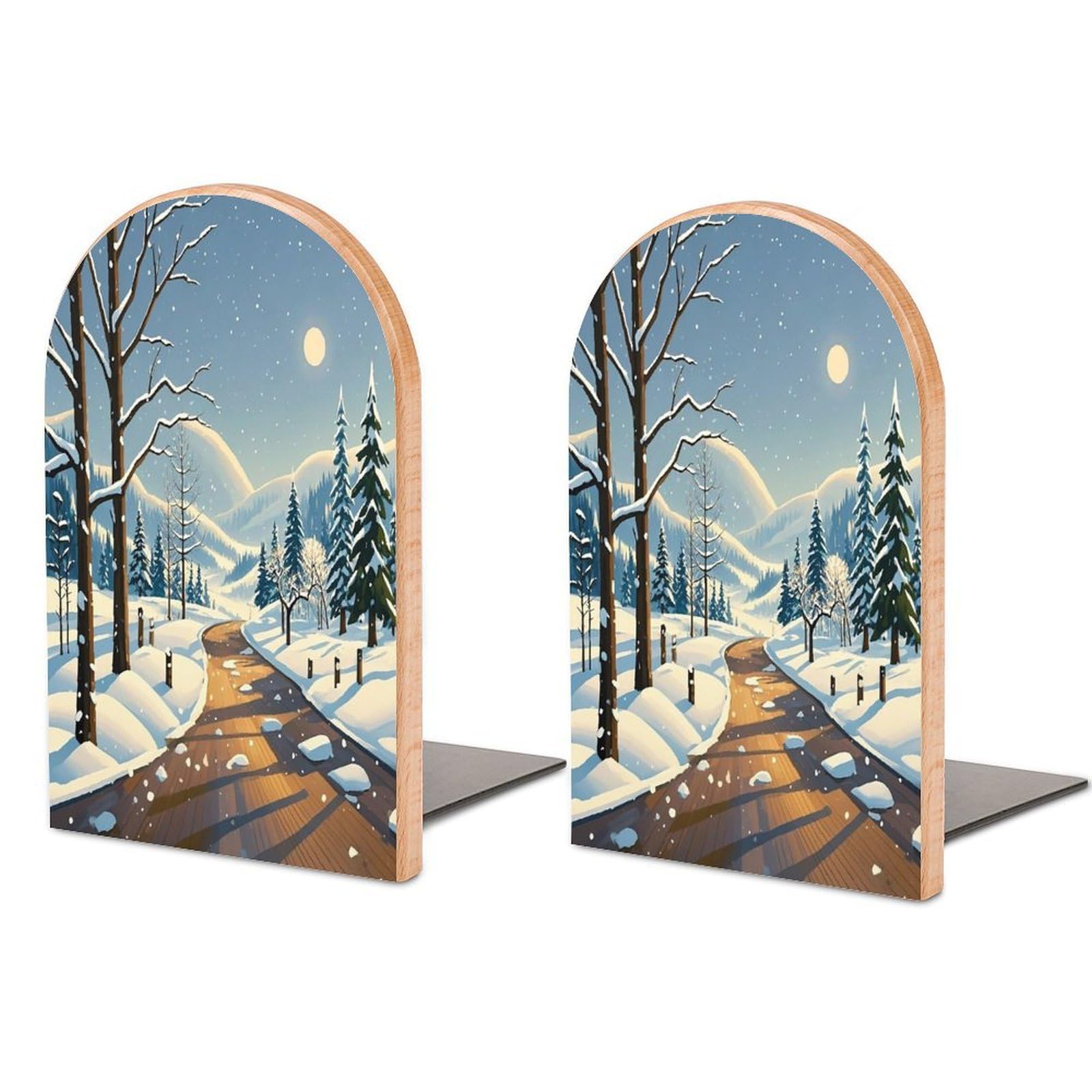 Winter Landscape Bookend for Shelves Unique Book End Sturdy Books Holder Heavy Duty Wooden Bookends Support Non-Slip Book Organizers Decorative Modern Bookend Holder for Home
