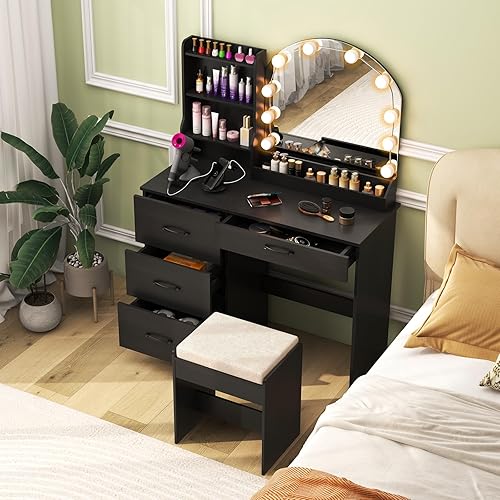 Miniatura 11 de CHARMAID Escritorio pequeño de tocador con espejo y luces, mesa de tocador de maquillaje blanca con banco de almacenamiento, cajones, estantes, mesa