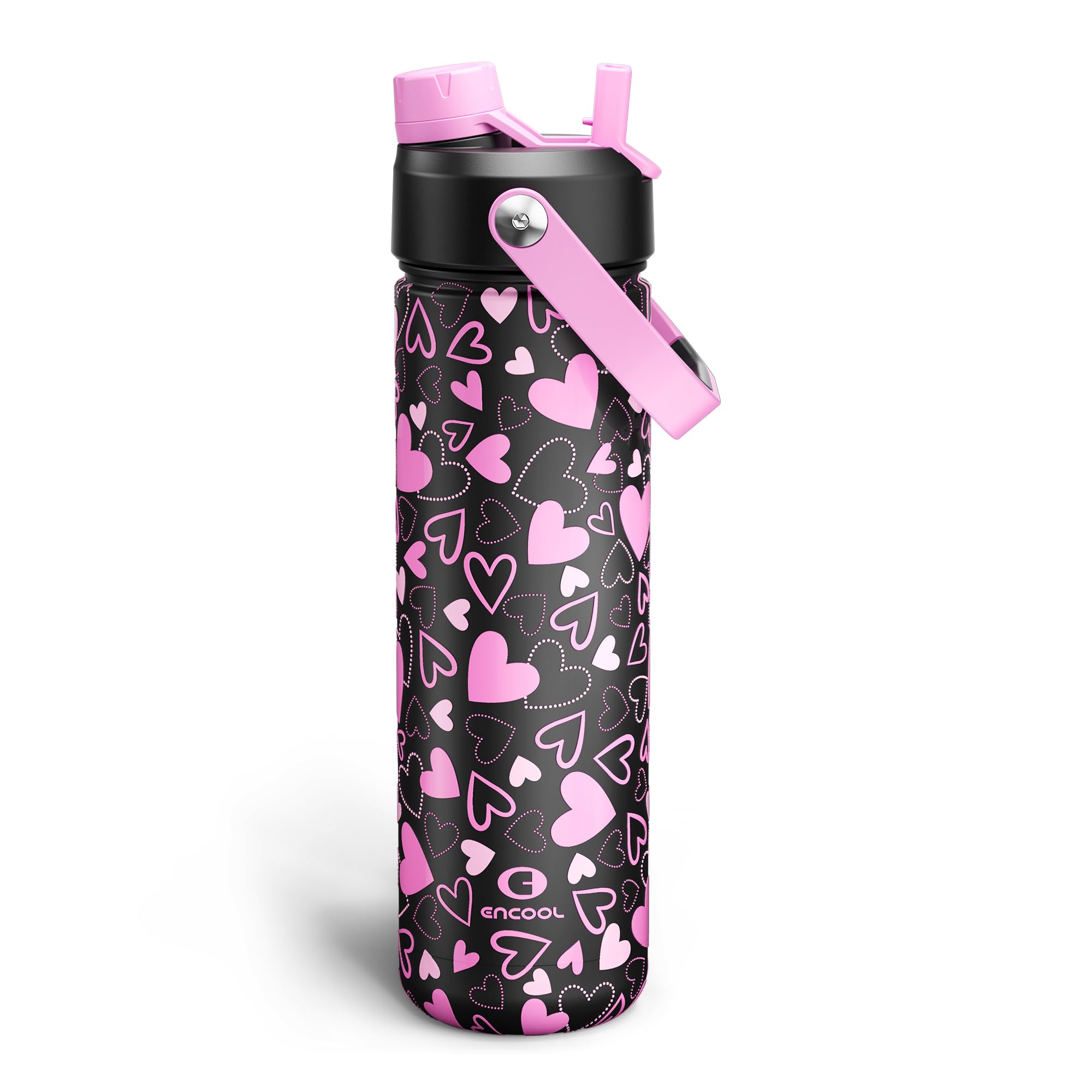 ENCOOL Insulated Water Bottle with Straw Stainless Steel Water Bottle, Leak-Proof, BPA-Free, Keeps Cold for 24 Hours for Sports, Travel, School (26 oz, Sweet Hearts Violet x Black)