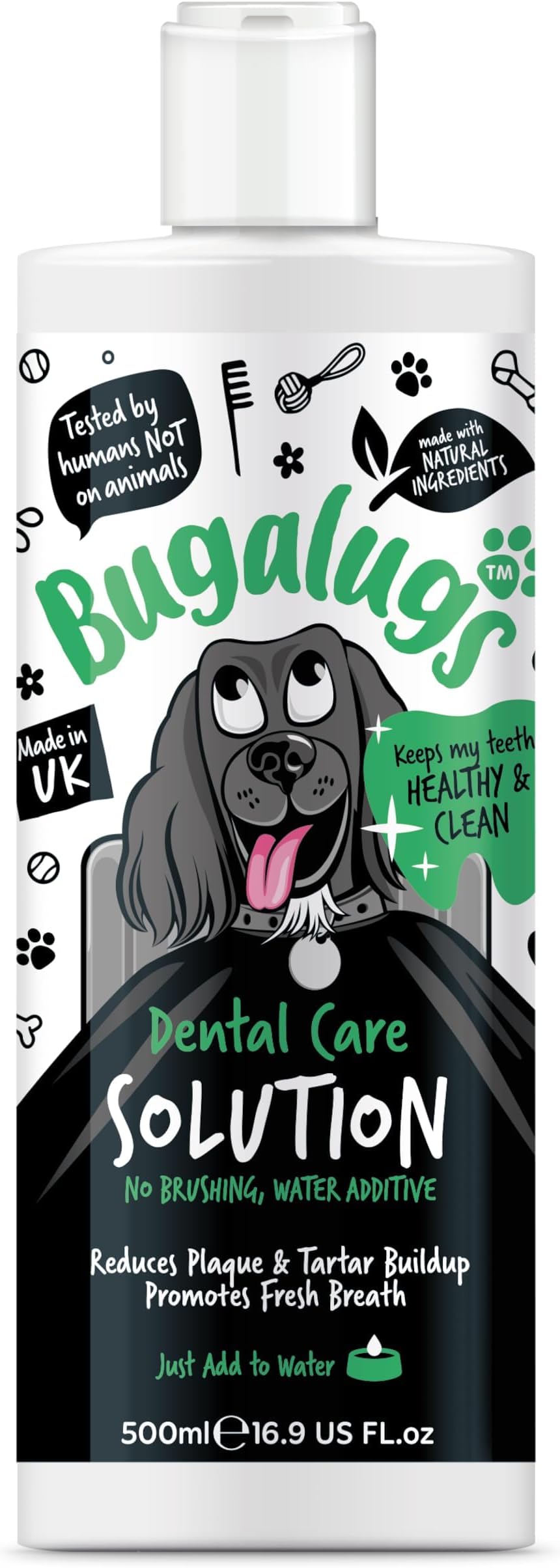 BUGALUGS Dog Breath Freshener Dental Care Water Additive. Clean Teeth, Healthy Gums & Fresh Breath - Natural Dog plaque remover & tartar remover for teeth - No Brushing Needed 500ml