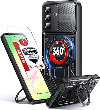 LeYi for Galaxy A36-5G Phone Case with Glass Screen Protector, [Fit Magsafe] All-Inclusive Lens 16FT Heavy Duty Drop Protection Mobile Cell Cover with 360 Invisible Ring Stand Samsung A 36 5G, Black