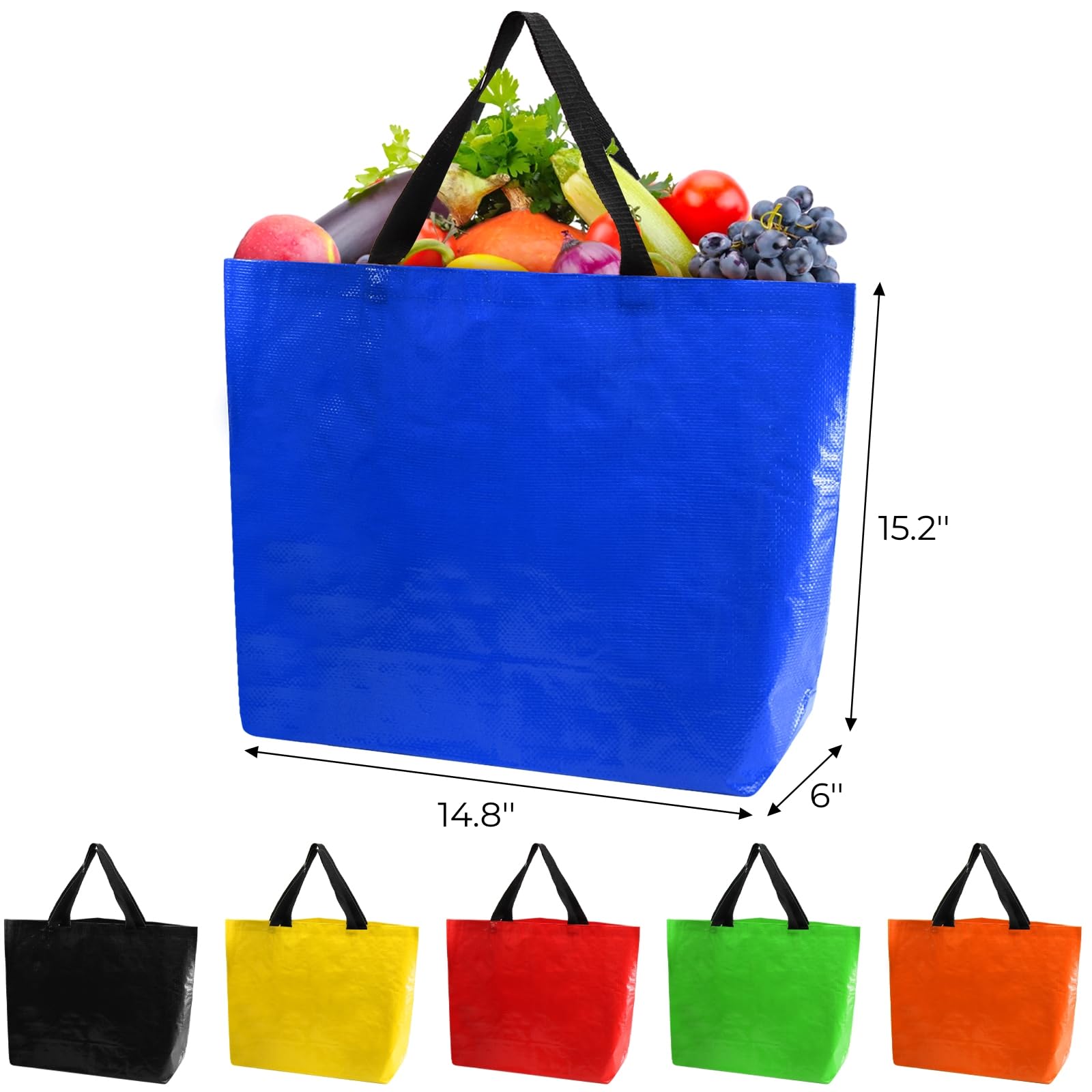 12 bolsas de comestibles, bolsa de compras reutilizable resistente con asas, bolsa impermeable de tamaño mediano para frutas, verduras, ropa, botellas, bebidas, organización, Amarillo, azul,