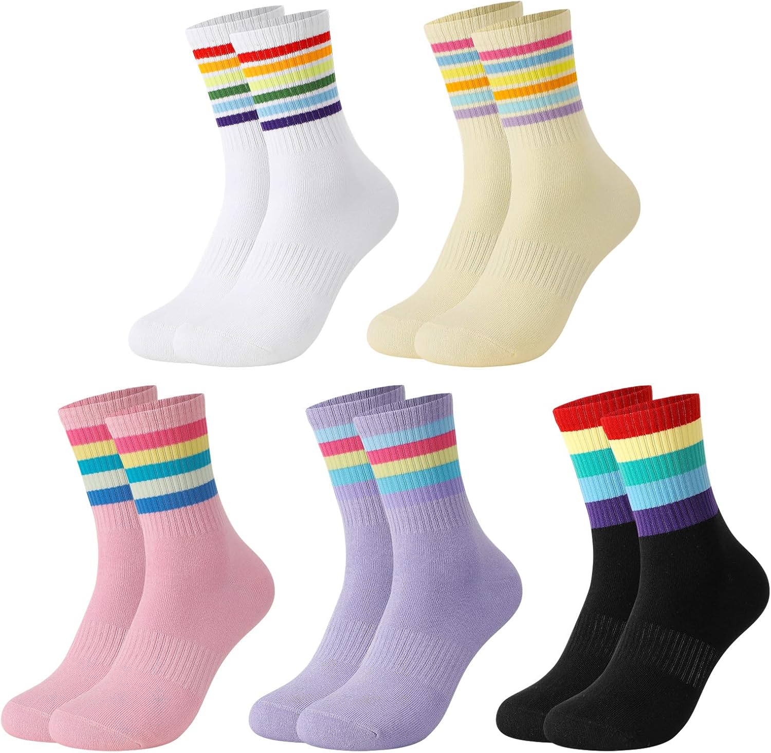 5 Pairs Retro Striped Crew Socks Athletic Cotton Breathable Socks for Women