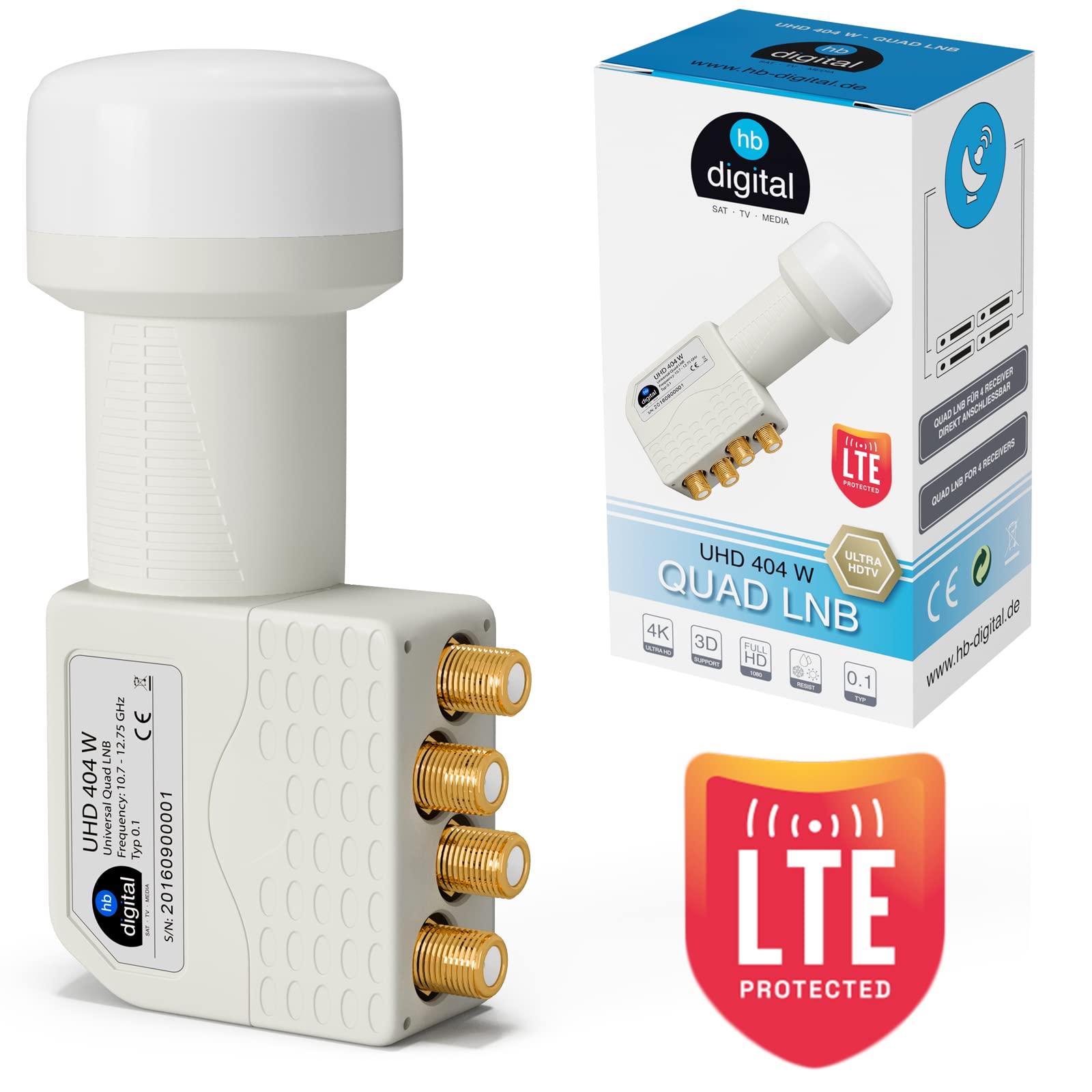 HB-DIGITAL 4X Quad LNB LNC 4 uczestników bezpośrednio (cztery sztuki) ✨ Full HD TV 3D 4K biały biały biały biały ■ styki pozłacane ■ ochrona przed warunkami atmosferycznymi (wyciągana)