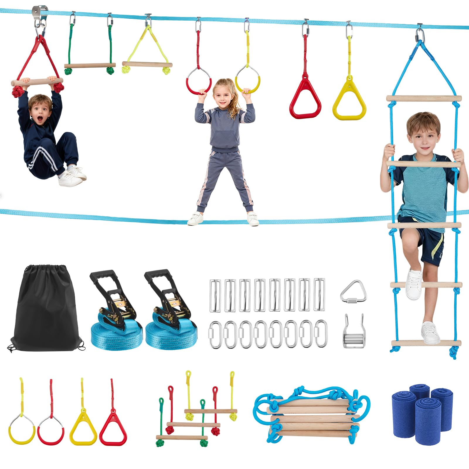 Set Slackline 8 in 1, ostacoli di arrampicata all'aperto con corda, aste per scimmie, anelli per arrampicata e scala, protezione per albero, borsa di stoccaggio, portata fino a 50 kg, per bambini 3-10