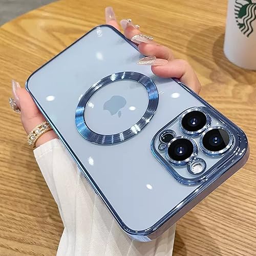 aowner Magnetic Clear Case for iPhone 11 Pro Max Case with Camera Lens Protector, Compatible with MagSafe, Non-Yellowing Slim Fit Shockproof Shining for Women Girls Protective Phone Cover 6.5", Blue